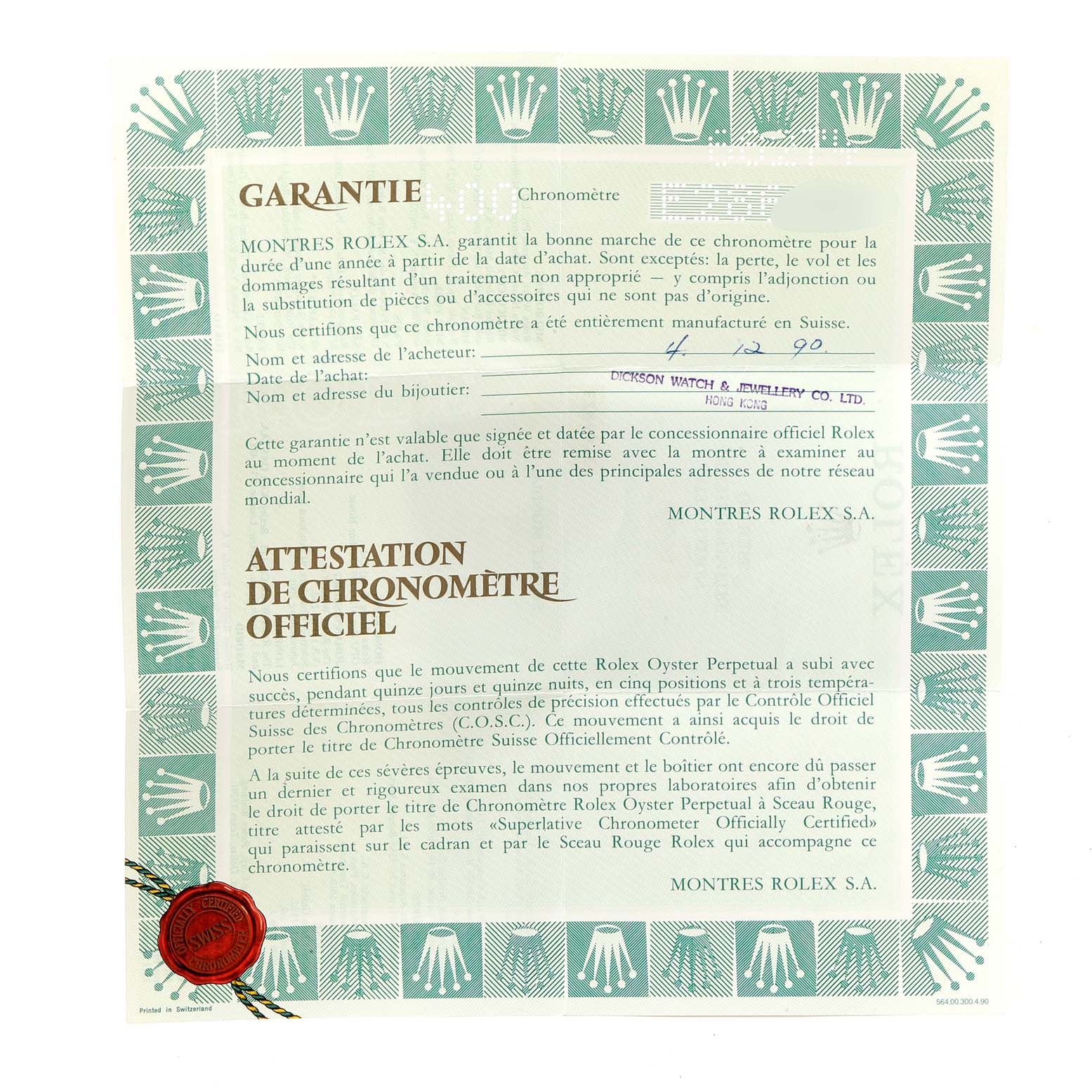 The image shows a guarantee and chronometer certificate for a Mid-Size Rolex watch, viewed from the top.