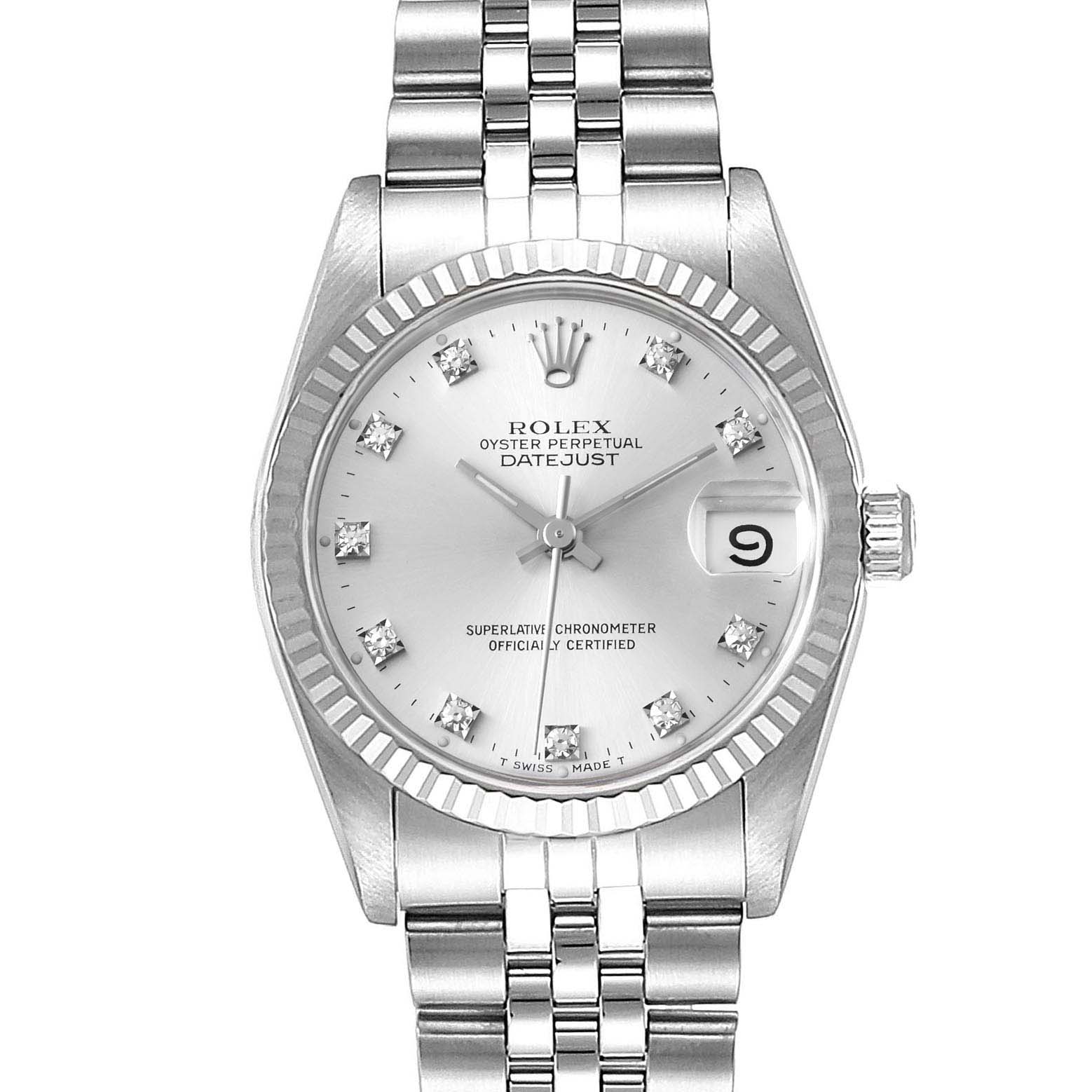 Rolex Datejust Midsize Steel White Gold Diamond Dial Watch 68274 Box ...