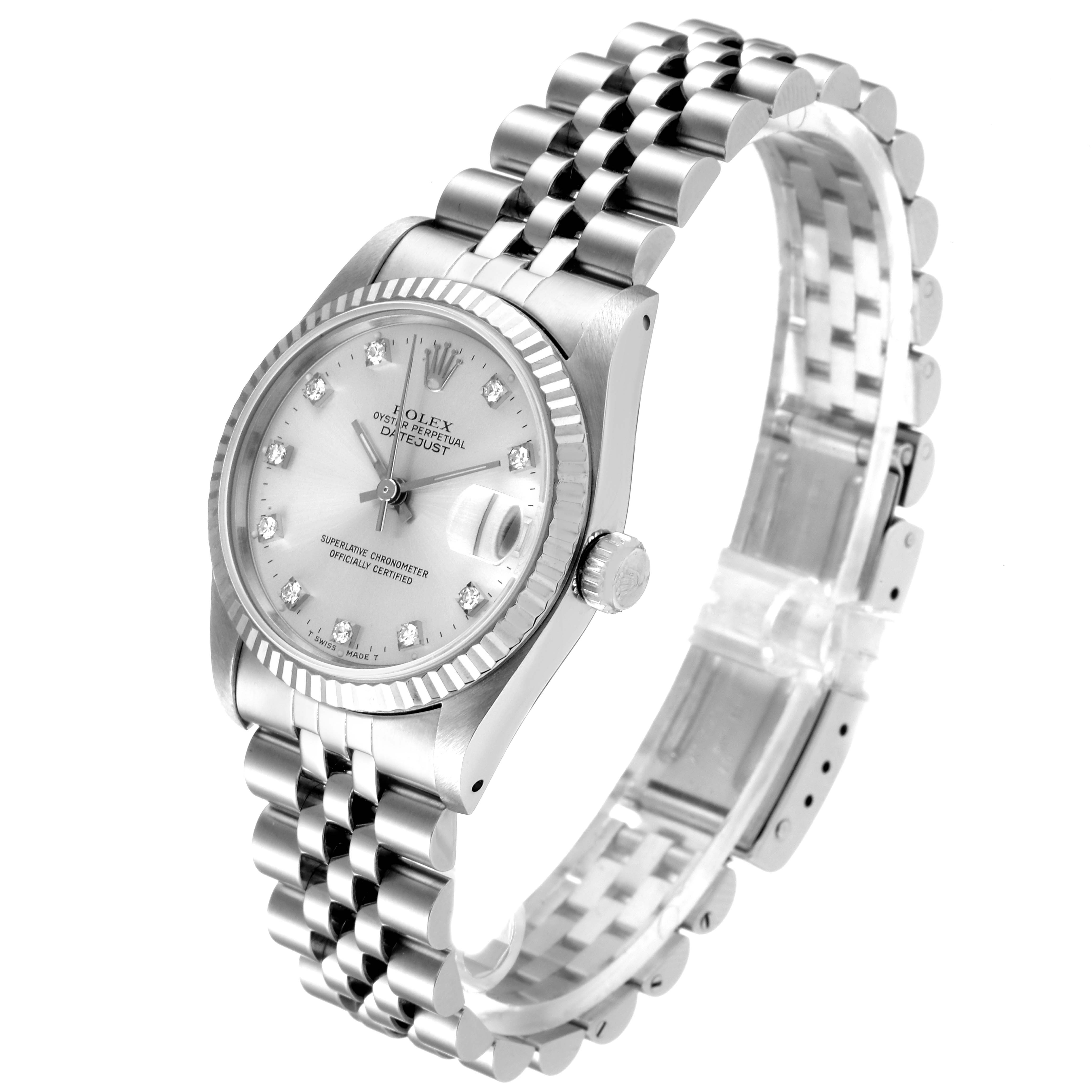 The image shows a side angle of a Rolex Mid-Size 68274 Women
s Stainless Steel Silver Dial 68274 Women
s Stainless Steel Silver Dial Datejust watch, highlighting its dial, bezel, and bracelet.