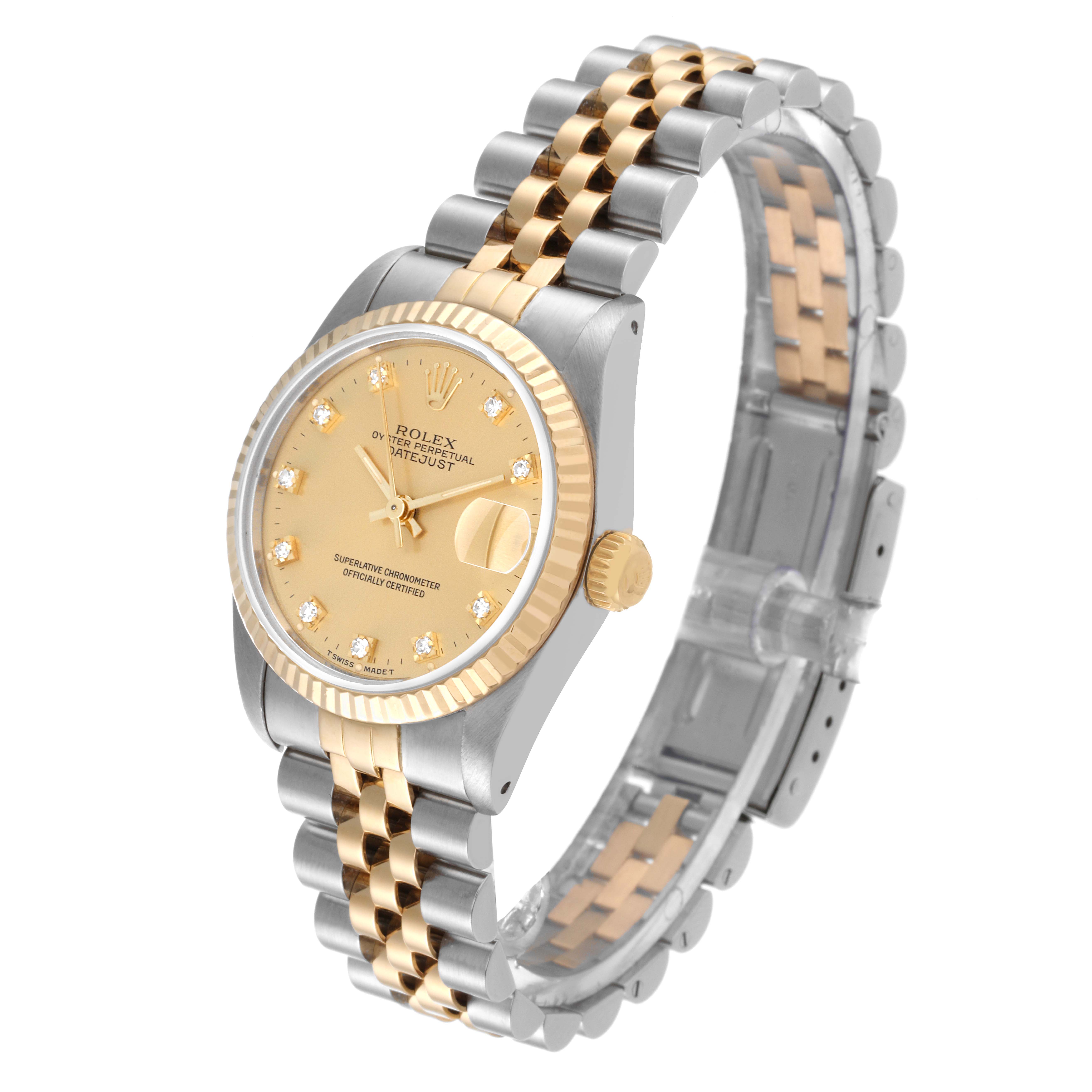 This image shows the front and side view of a Mid-Size Rolex Datejust with a two-tone bracelet and gold dial with diamond hour markers.