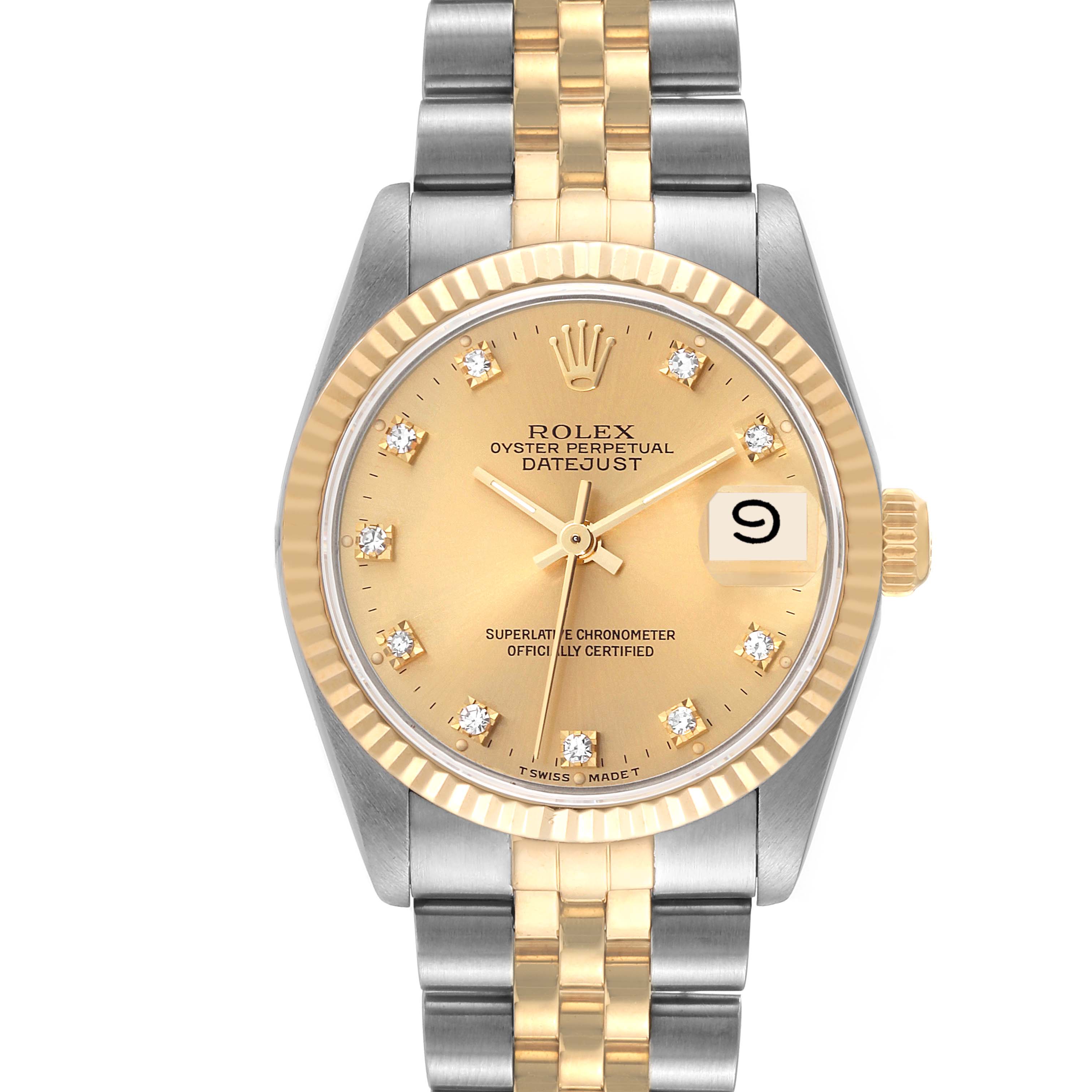 The image shows a front view of a Rolex Datejust Mid-Size watch, showcasing its dial, bezel, and bracelet.