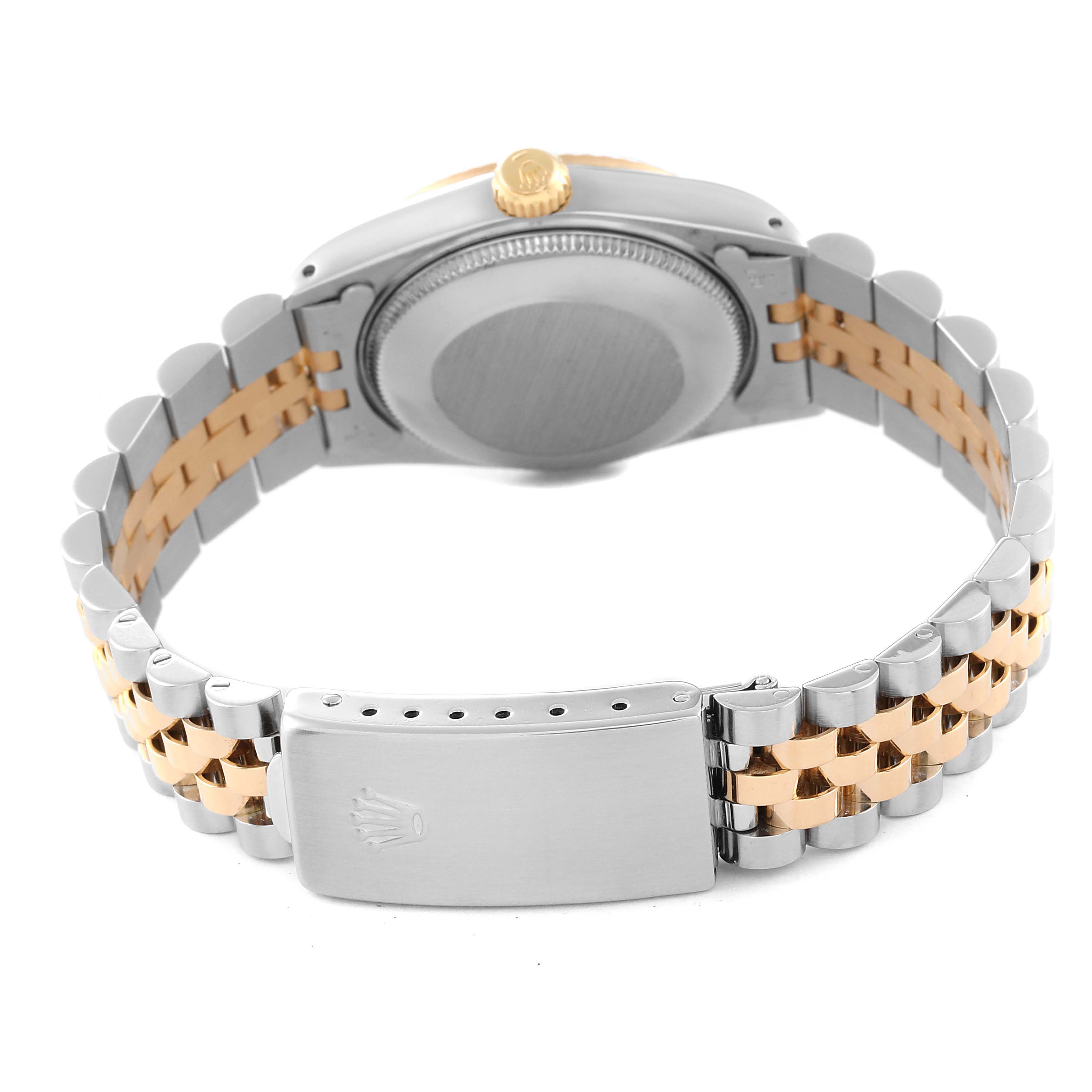 This image shows the back view of a Mid-Size Rolex watch, highlighting the clasp and bracelet.