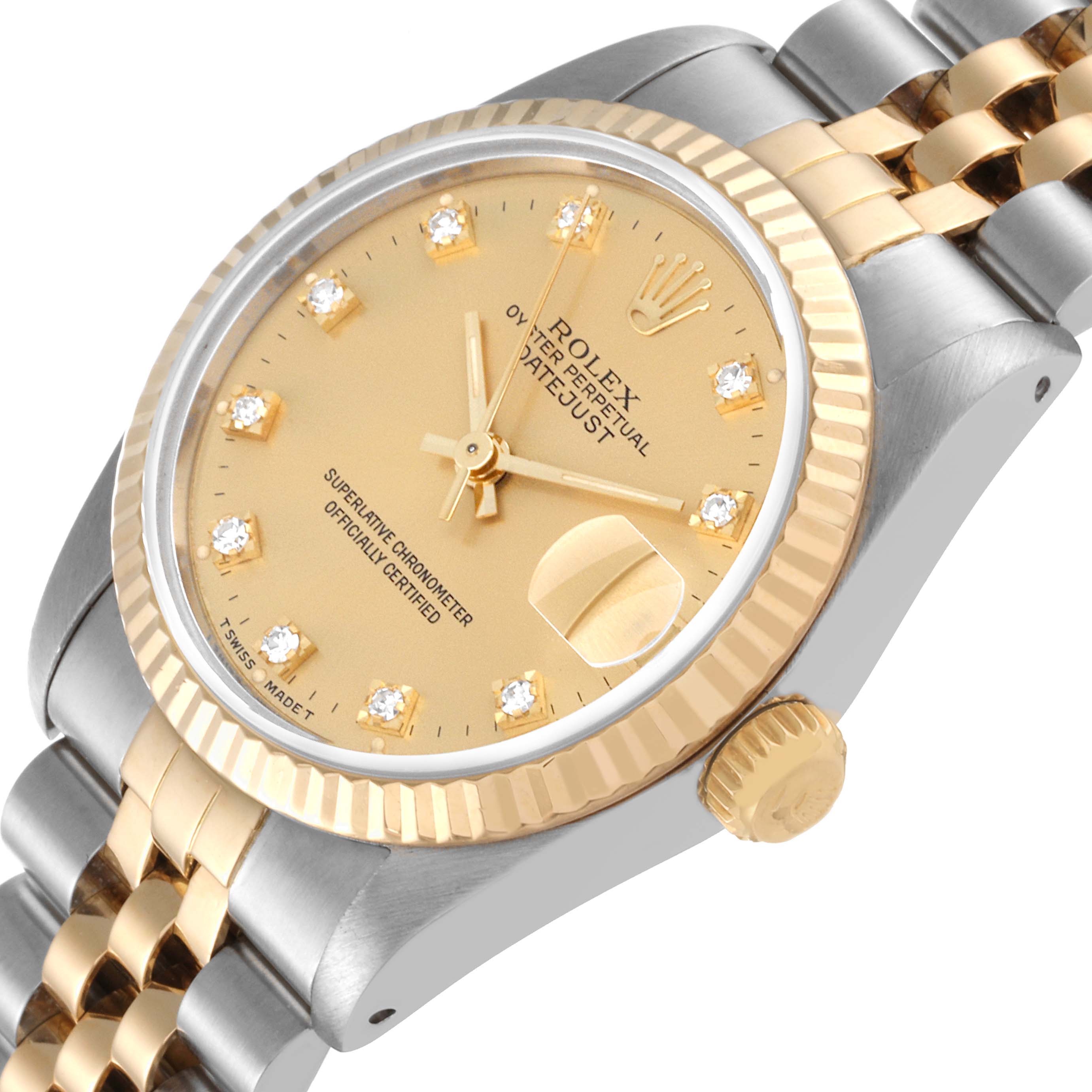 The image shows a close-up angled view of the Rolex Datejust Mid-Size watch, highlighting the dial, bezel, crown, and part of the bracelet.