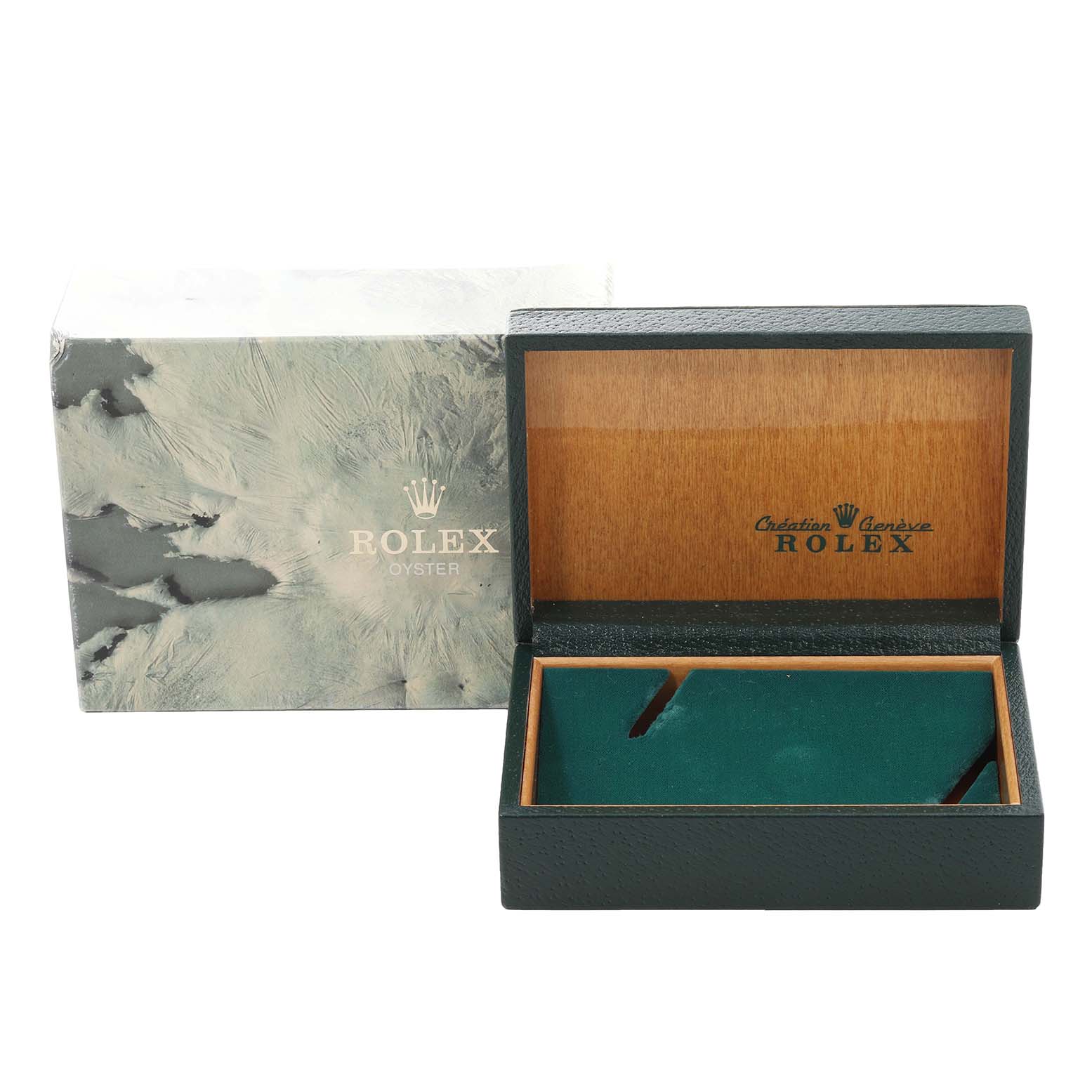 The image shows the packaging box for a Rolex Mid-Size 68273 Women
s Steel and Gold (two tone) Champagne Dial 68273 Women
s Steel and Gold (two tone) Champagne Dial watch, including the outer box and the open wooden inner box.