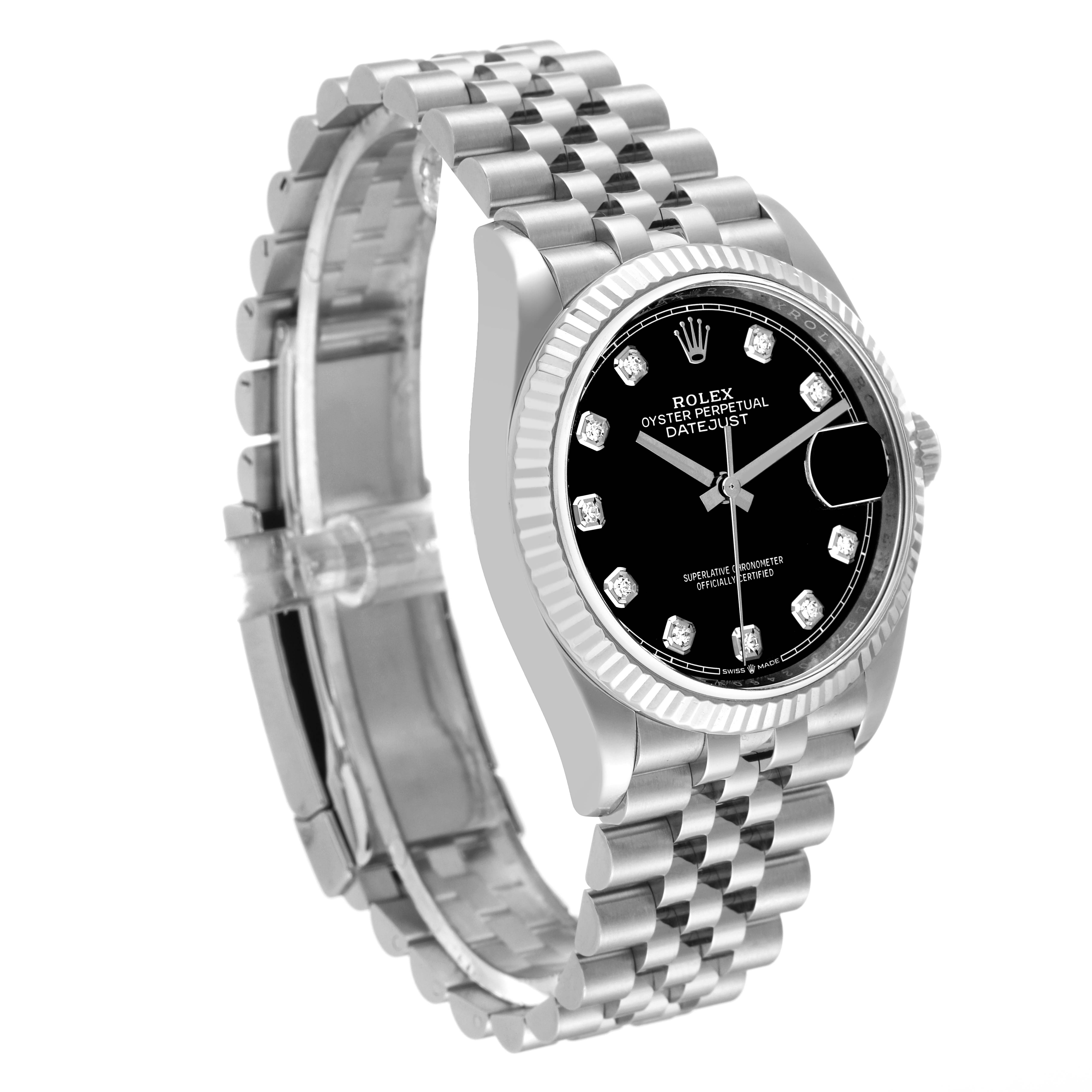 The image shows a Rolex Datejust 126234 Men's Stainless Steel Black Dial 126234 Men's Stainless Steel Black Dial watch from a front angle, displaying its bracelet, black dial, fluted bezel, and date window.