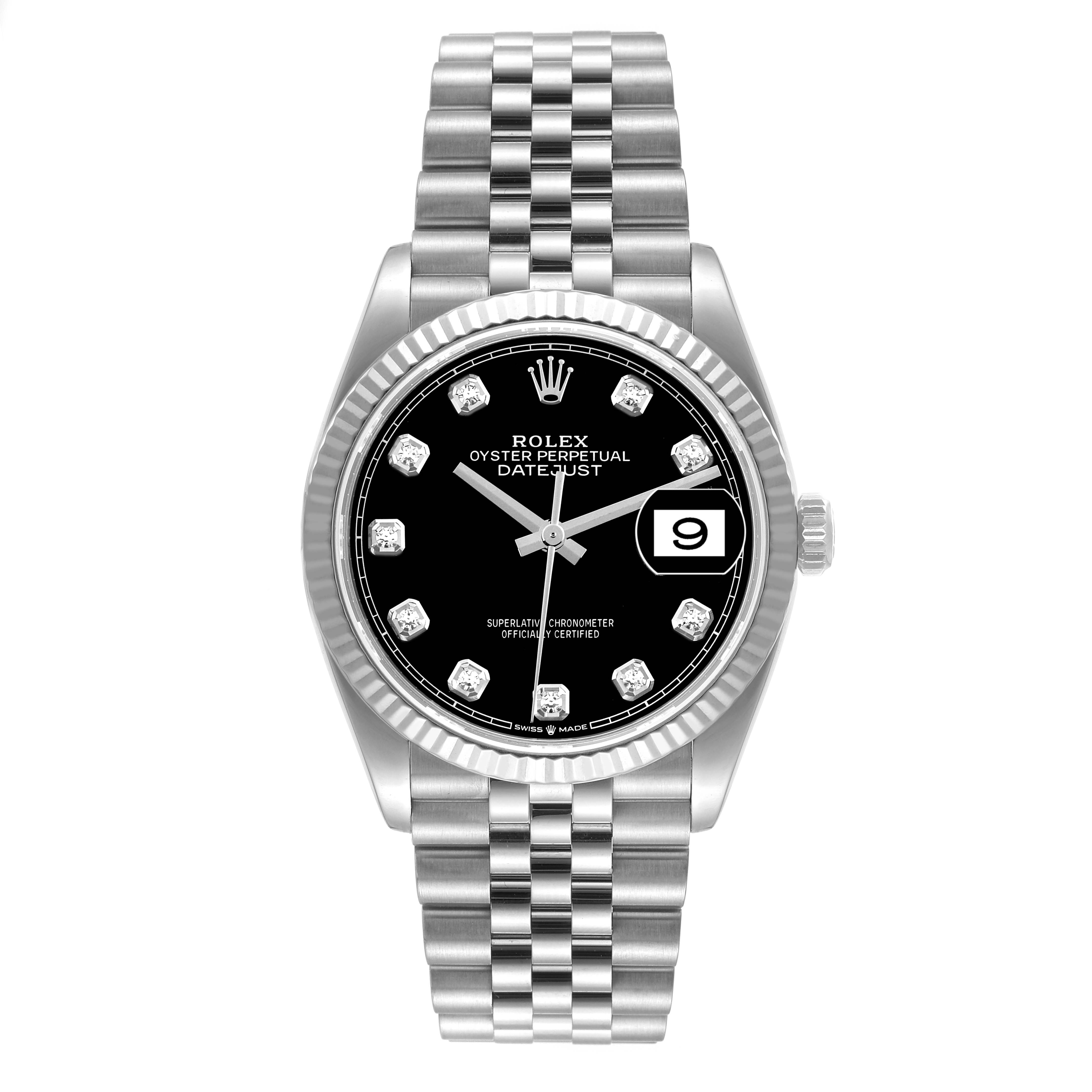 This is a front view of a Rolex Datejust 126234 Men's Stainless Steel Black Dial 126234 Men's Stainless Steel Black Dial watch, showcasing its face, dial, bezel, crown, and bracelet.