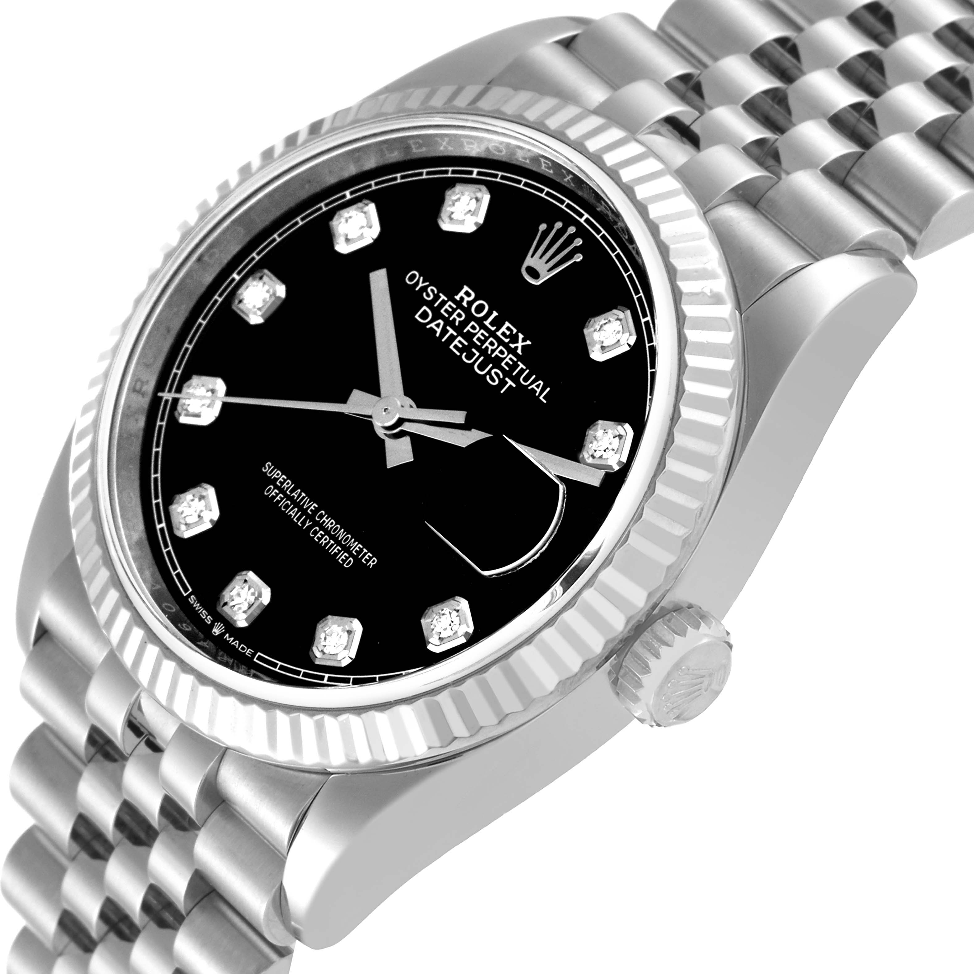 This image shows a close-up, side-angle view of the Rolex Datejust 126234 Men's Stainless Steel Black Dial 126234 Men's Stainless Steel Black Dial, highlighting the bezel, crown, bracelet, and part of the dial.
