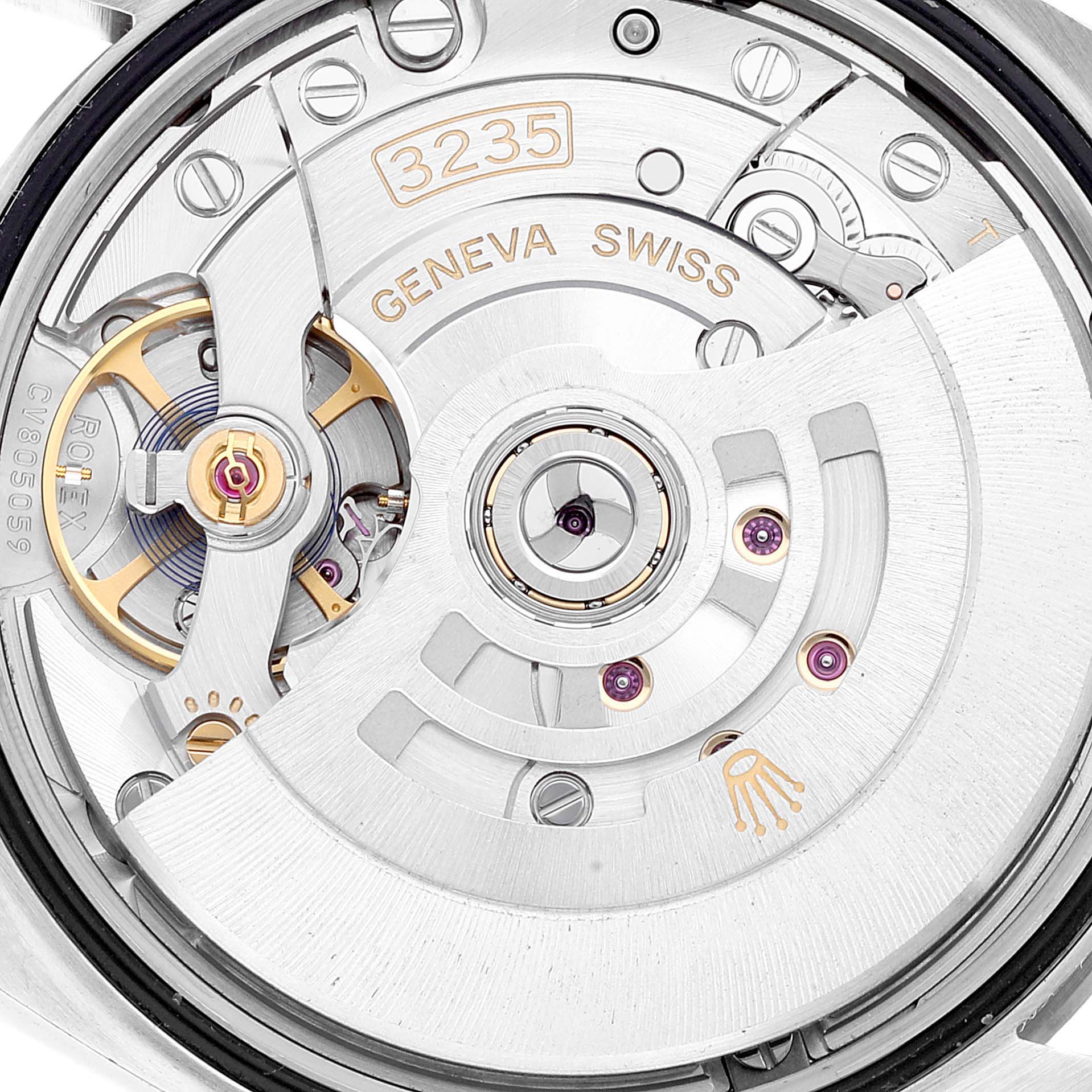 This image shows the movement mechanism of a Rolex Datejust 126234 Men's Stainless Steel Black Dial 126234 Men's Stainless Steel Black Dial watch, highlighting the internal components from a close-up angle.