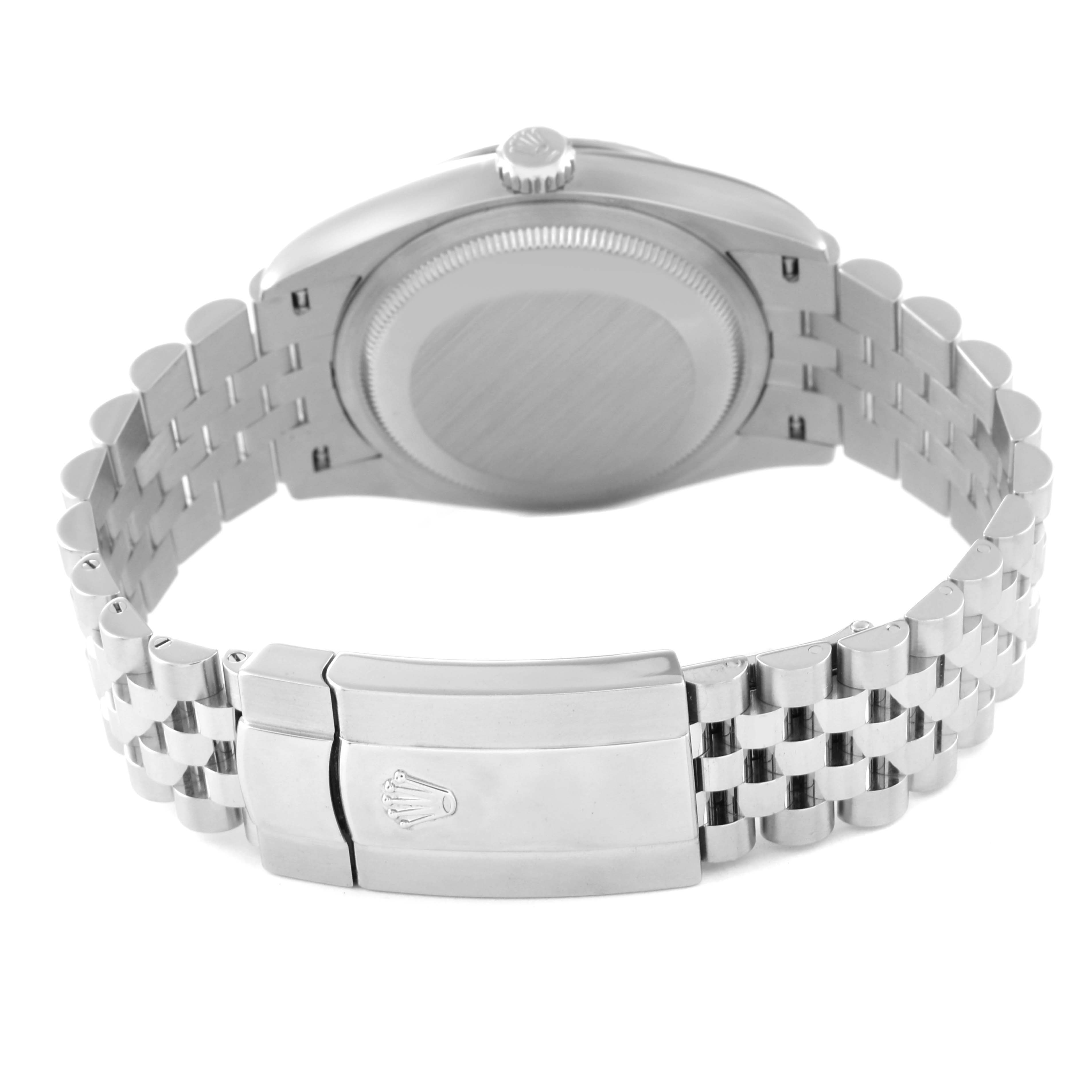 This image shows the back view of a Rolex Datejust 126234 Men's Stainless Steel Black Dial 126234 Men's Stainless Steel Black Dial watch featuring its case back, crown, and Jubilee bracelet with a clasp.