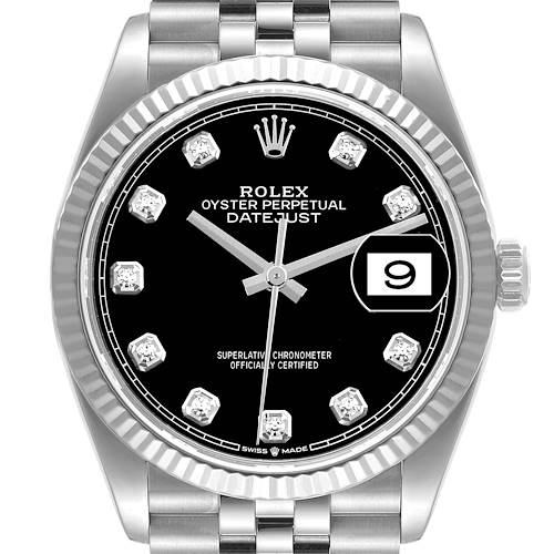 The image shows a front view of a Rolex Datejust watch, highlighting its black dial, diamond hour markers, date window, and Jubilee bracelet.