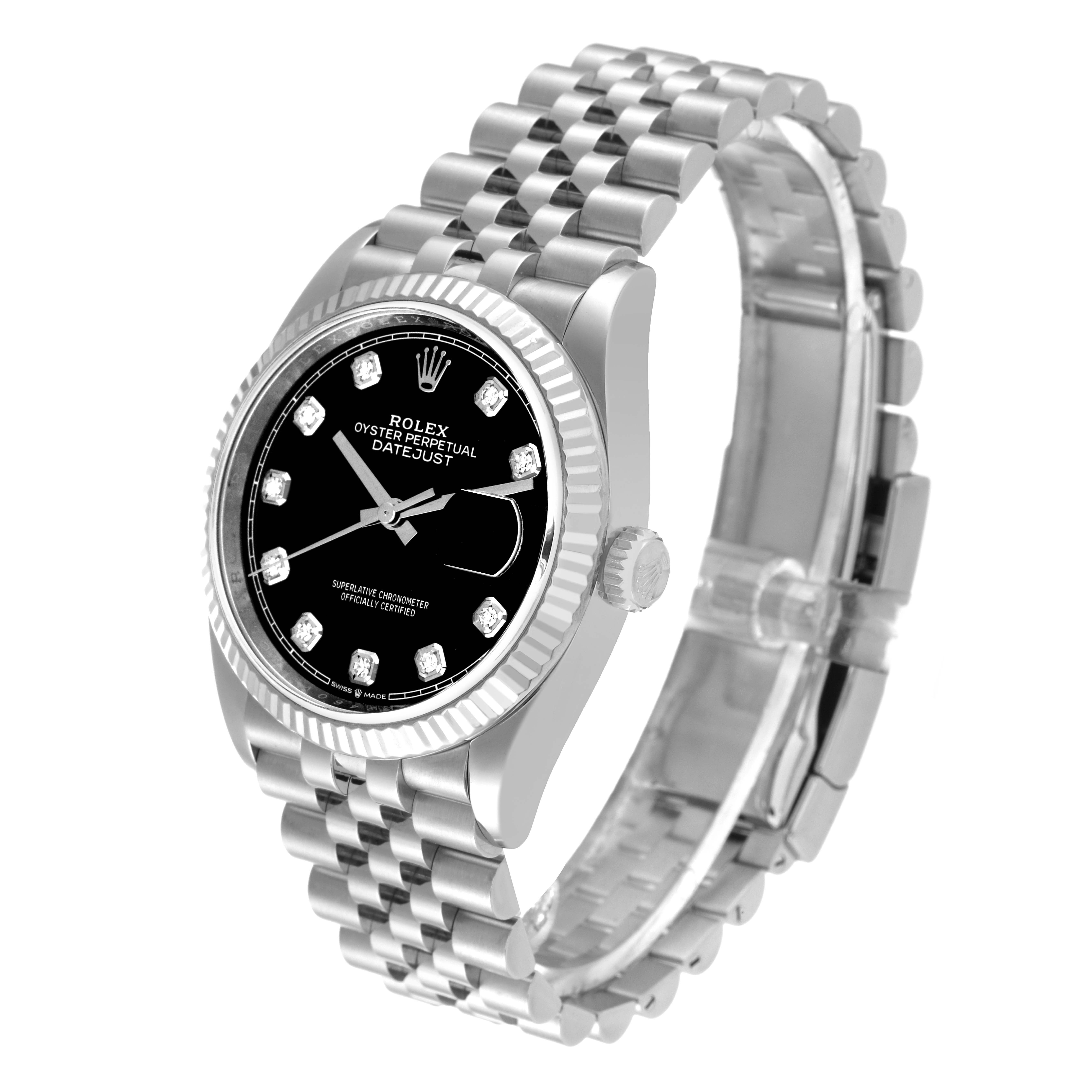 This image shows a side angle of the Rolex Datejust 126234 Men's Stainless Steel Black Dial 126234 Men's Stainless Steel Black Dial watch, highlighting the bracelet and case details.
