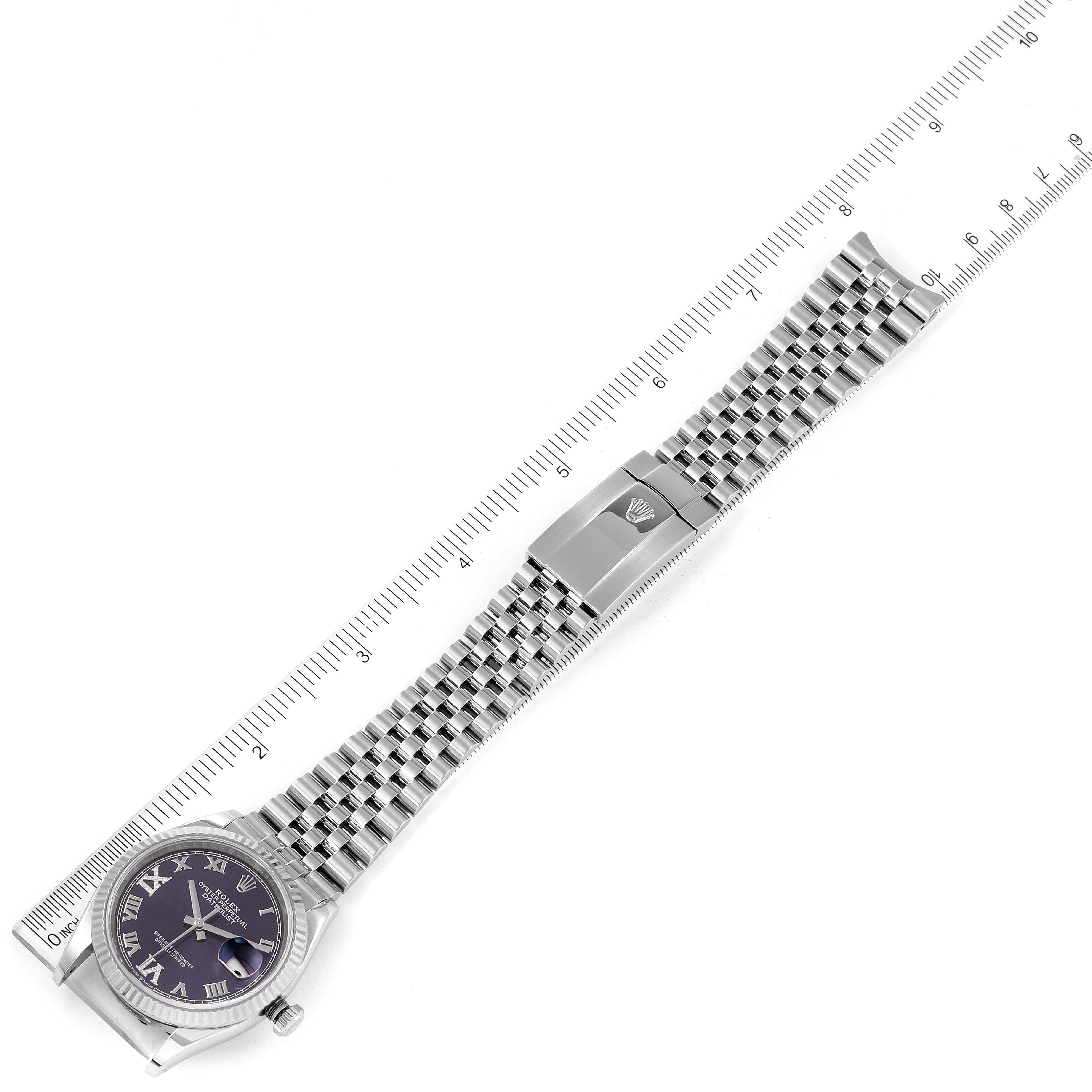 The image shows a straight view of a Rolex Datejust 126234 Men's Stainless Steel Purple Dial 126234 Men's Stainless Steel Purple Dial watch, highlighting the dial, bezel, and metal bracelet with clasp.