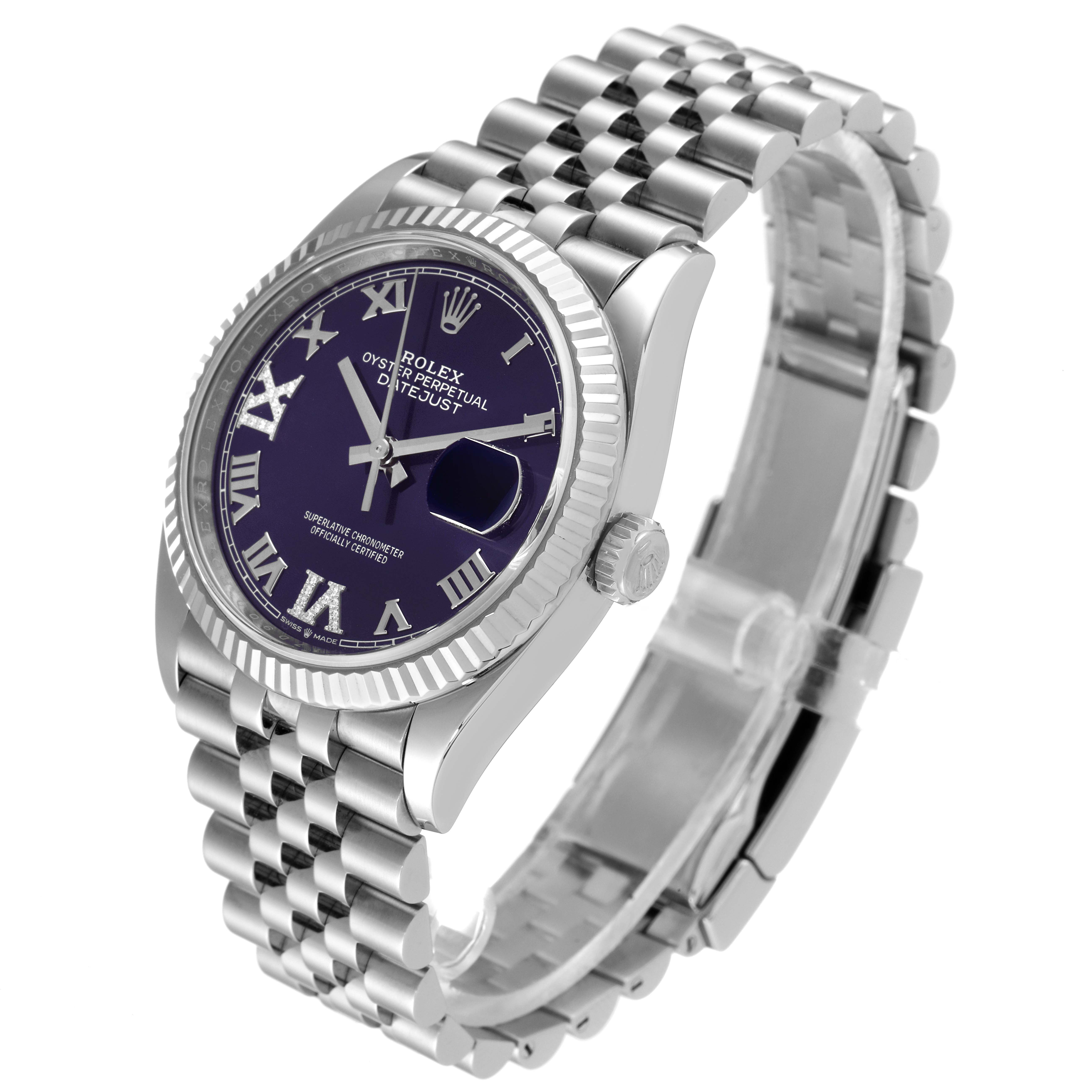 The image shows a Rolex Datejust 126234 Men's Stainless Steel Purple Dial 126234 Men's Stainless Steel Purple Dial watch at a three-quarter angle, highlighting the face, bezel, crown, and bracelet.