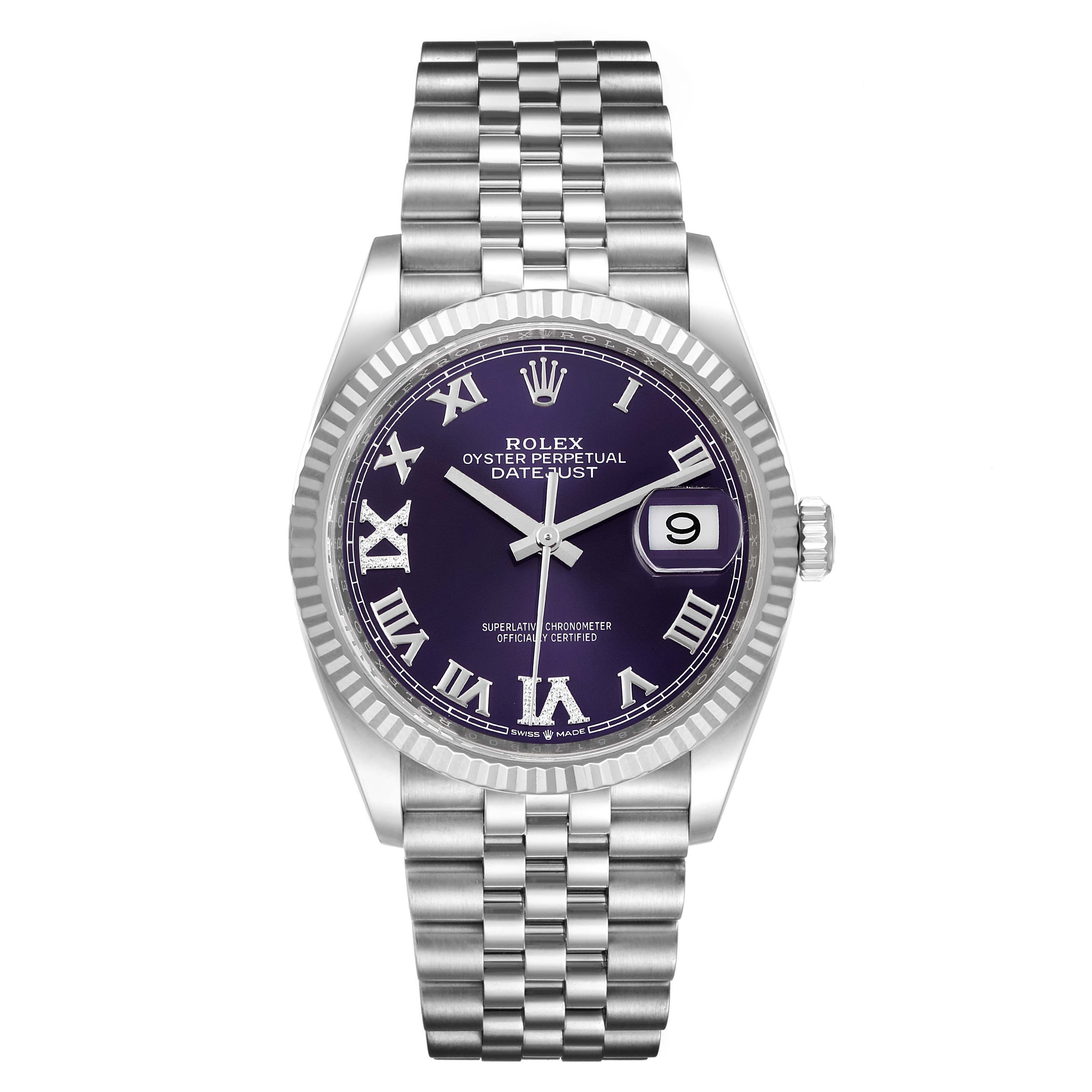 The Rolex Datejust 126234 Men's Stainless Steel Purple Dial 126234 Men's Stainless Steel Purple Dial watch is shown from a front angle, displaying its face, bezel, and bracelet.