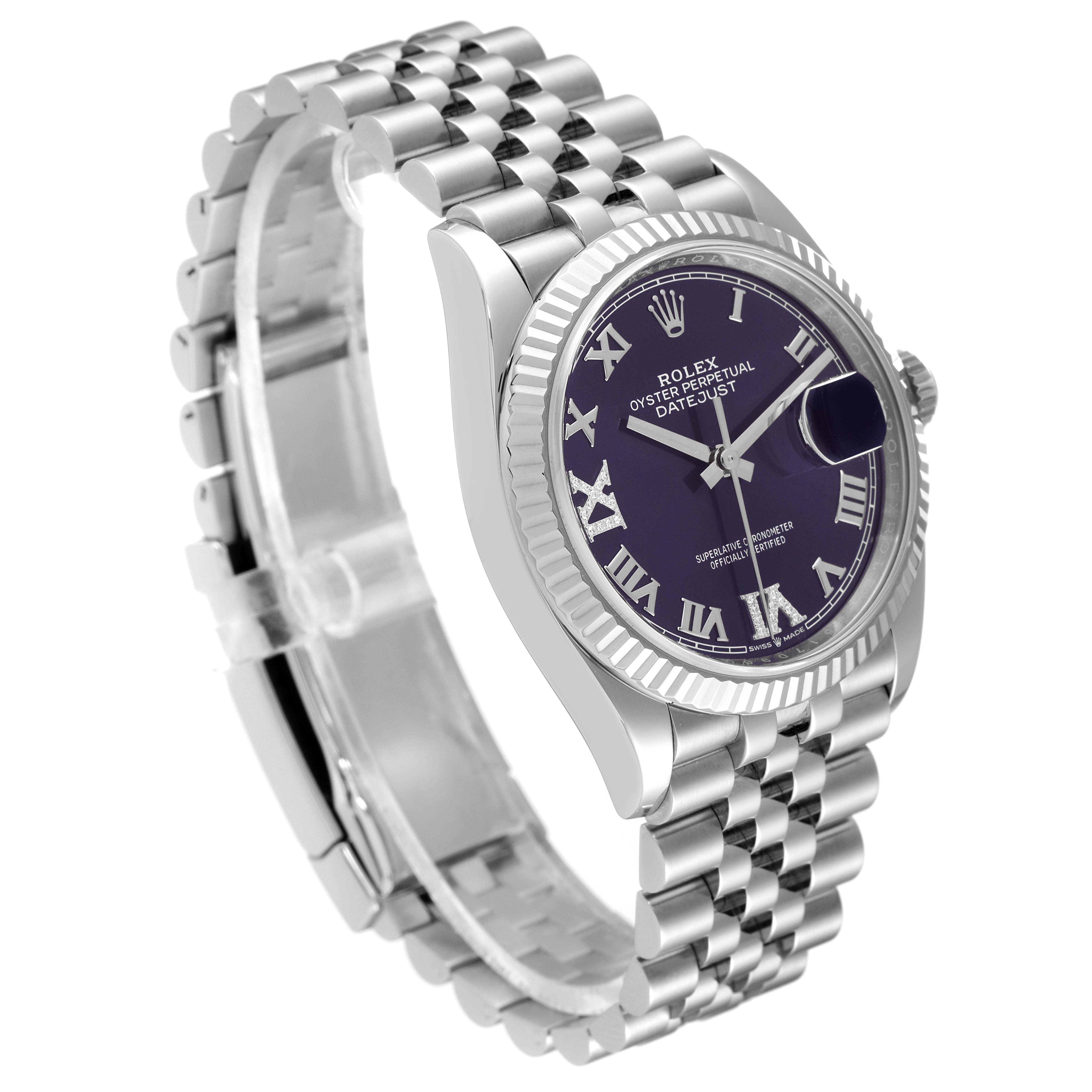 This image shows a Rolex Datejust 126234 Men's Stainless Steel Purple Dial 126234 Men's Stainless Steel Purple Dial watch angled to highlight its dial, fluted bezel, and Jubilee bracelet.
