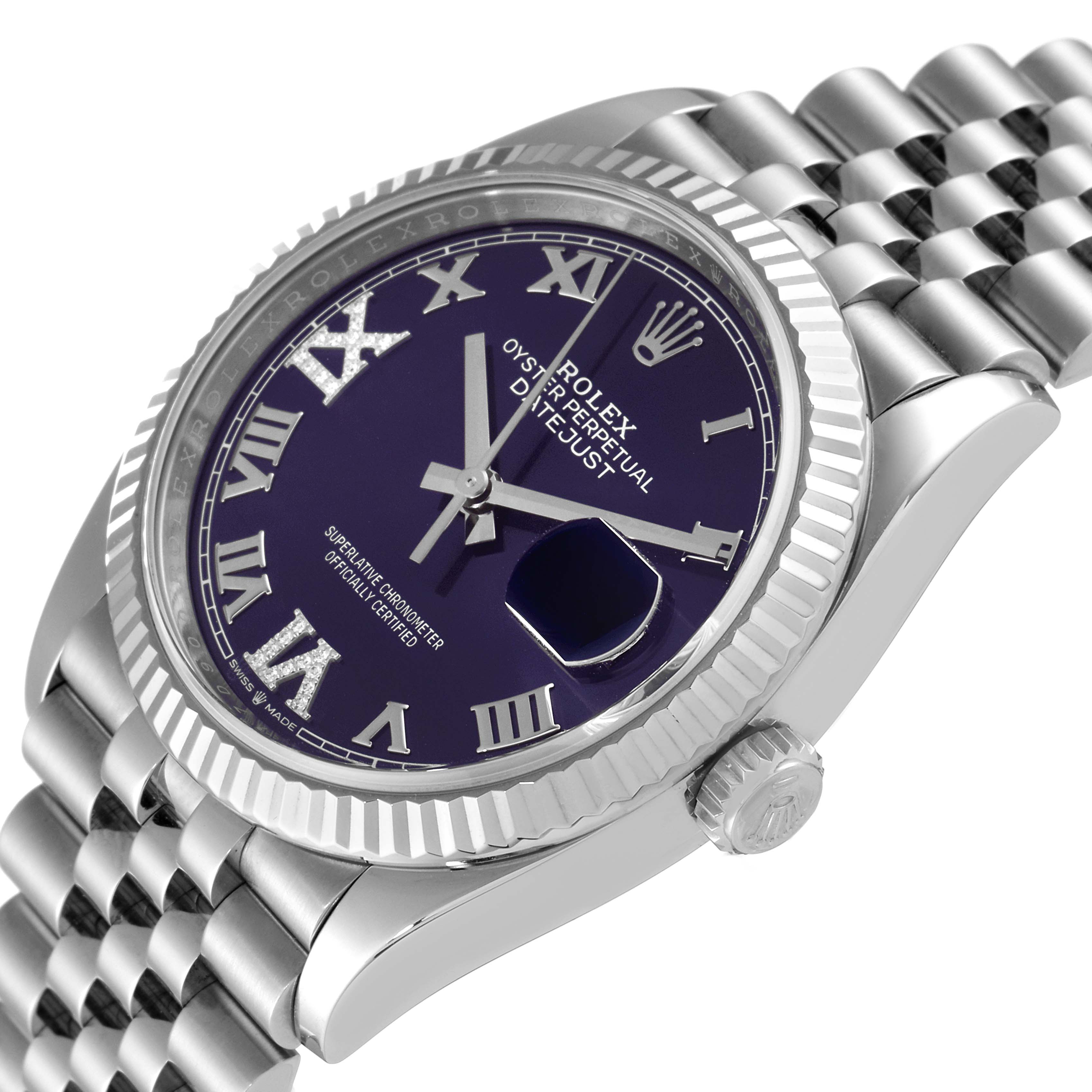 The image shows a close-up of the Rolex Datejust 126234 Men's Stainless Steel Purple Dial 126234 Men's Stainless Steel Purple Dial watch face, bezel, crown, and part of the stainless steel bracelet.