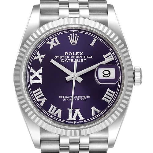 Photo of Rolex Datejust Steel White Gold Purple Dial Diamond Watch 126234 Box Card