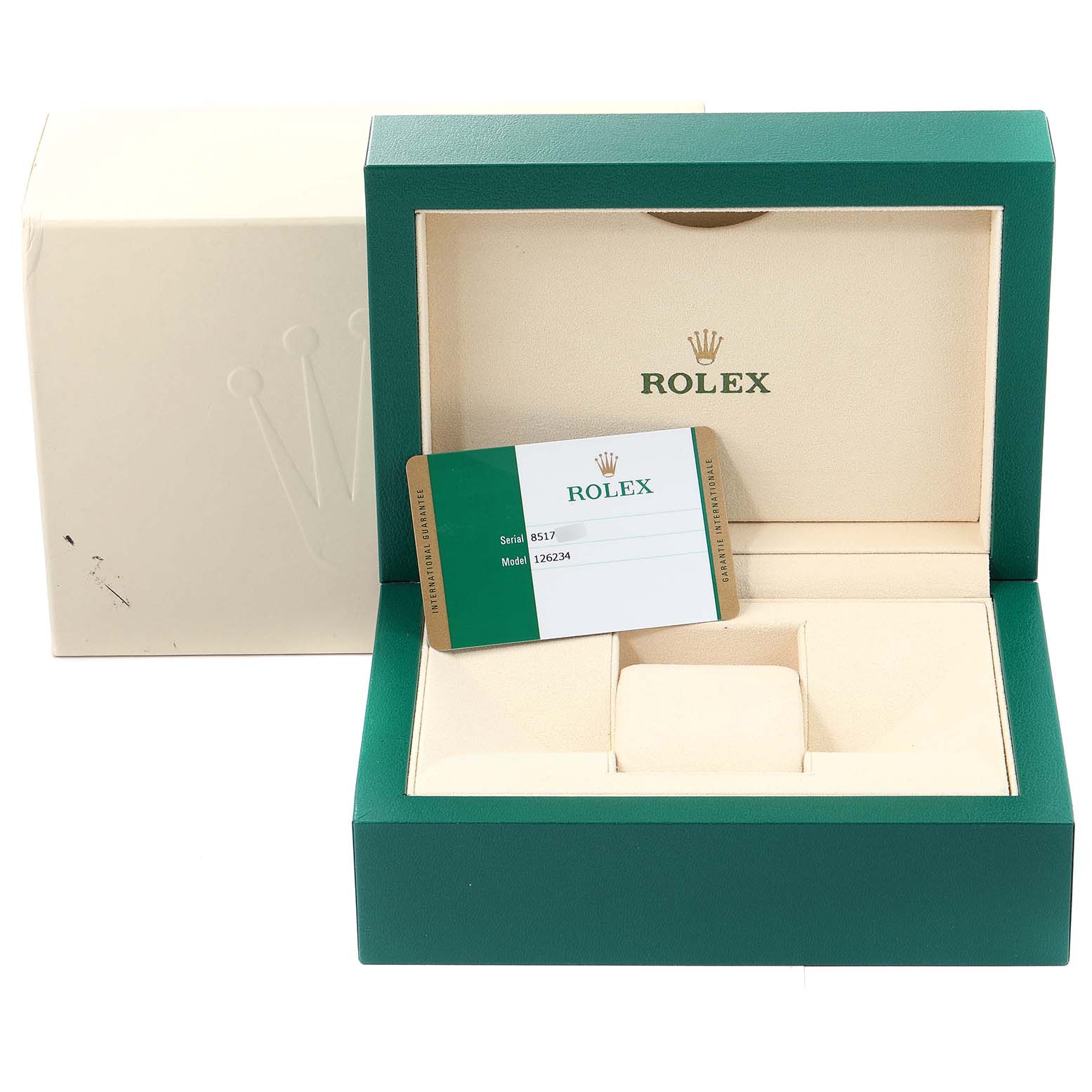 The image shows the box and authenticity card for a Rolex Datejust 126234 Men's Stainless Steel Purple Dial 126234 Men's Stainless Steel Purple Dial model watch.