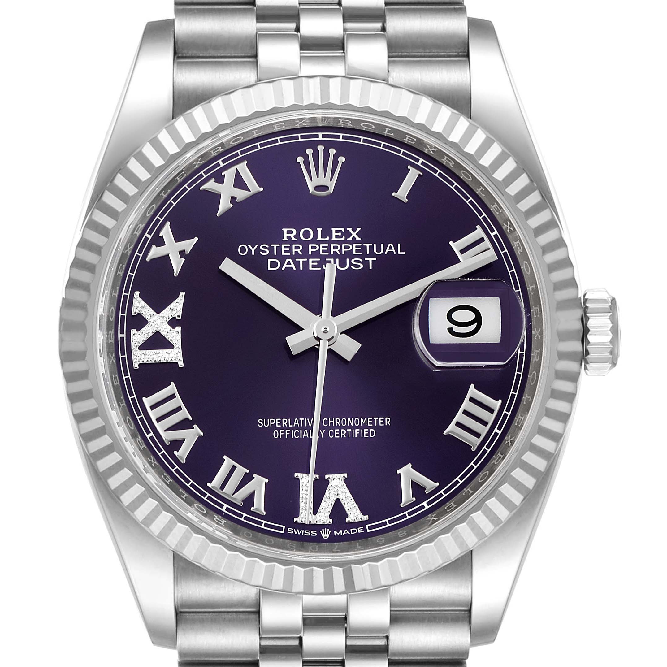 This is a front view of the Rolex Datejust 126234 Men's Stainless Steel Purple Dial 126234 Men's Stainless Steel Purple Dial watch, showcasing its purple dial, Roman numeral indices, and date window at 3 o'clock.