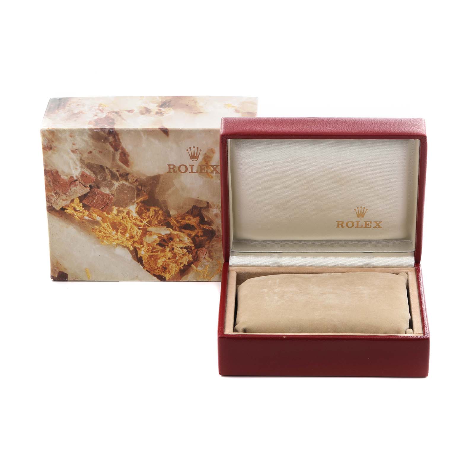 The image shows a Rolex Datejust 69174 Women
s Stainless Steel Silver Dial 69174 Women
s Stainless Steel Silver Dial watch box open, revealing the cushion inside, with the outer box nearby.