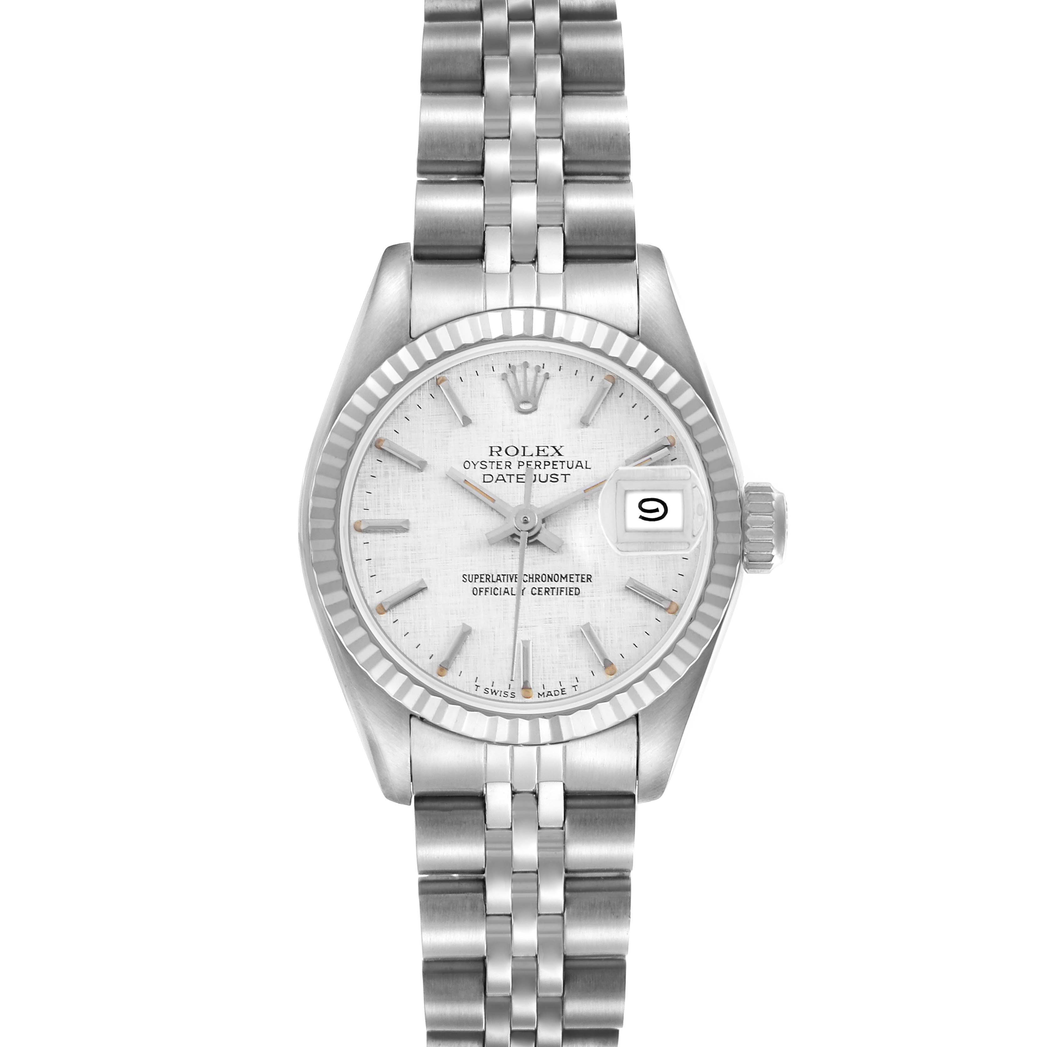 The Rolex Datejust 69174 Women
s Stainless Steel Silver Dial 69174 Women
s Stainless Steel Silver Dial watch is shown from the front, highlighting the dial, bezel, bracelet, and crown.