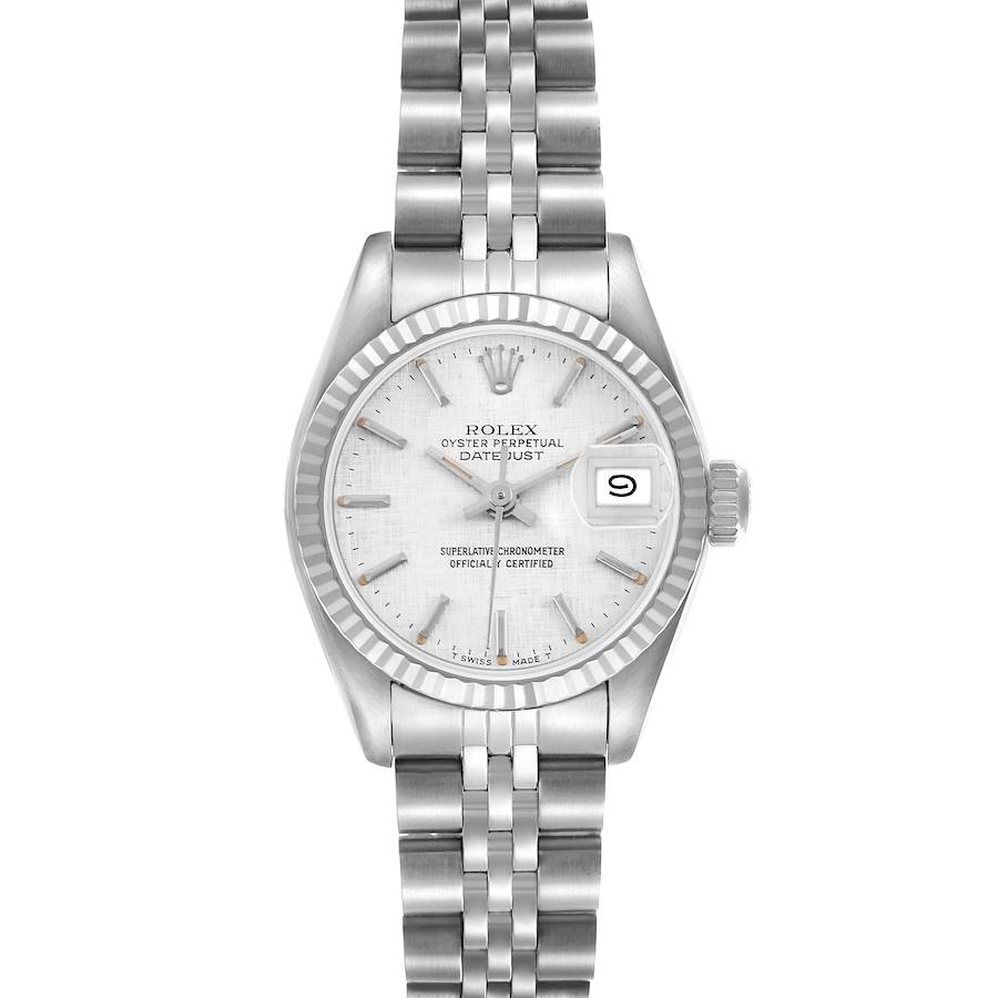The Rolex Datejust watch is shown from the front, highlighting the dial, bezel, bracelet, and crown.
