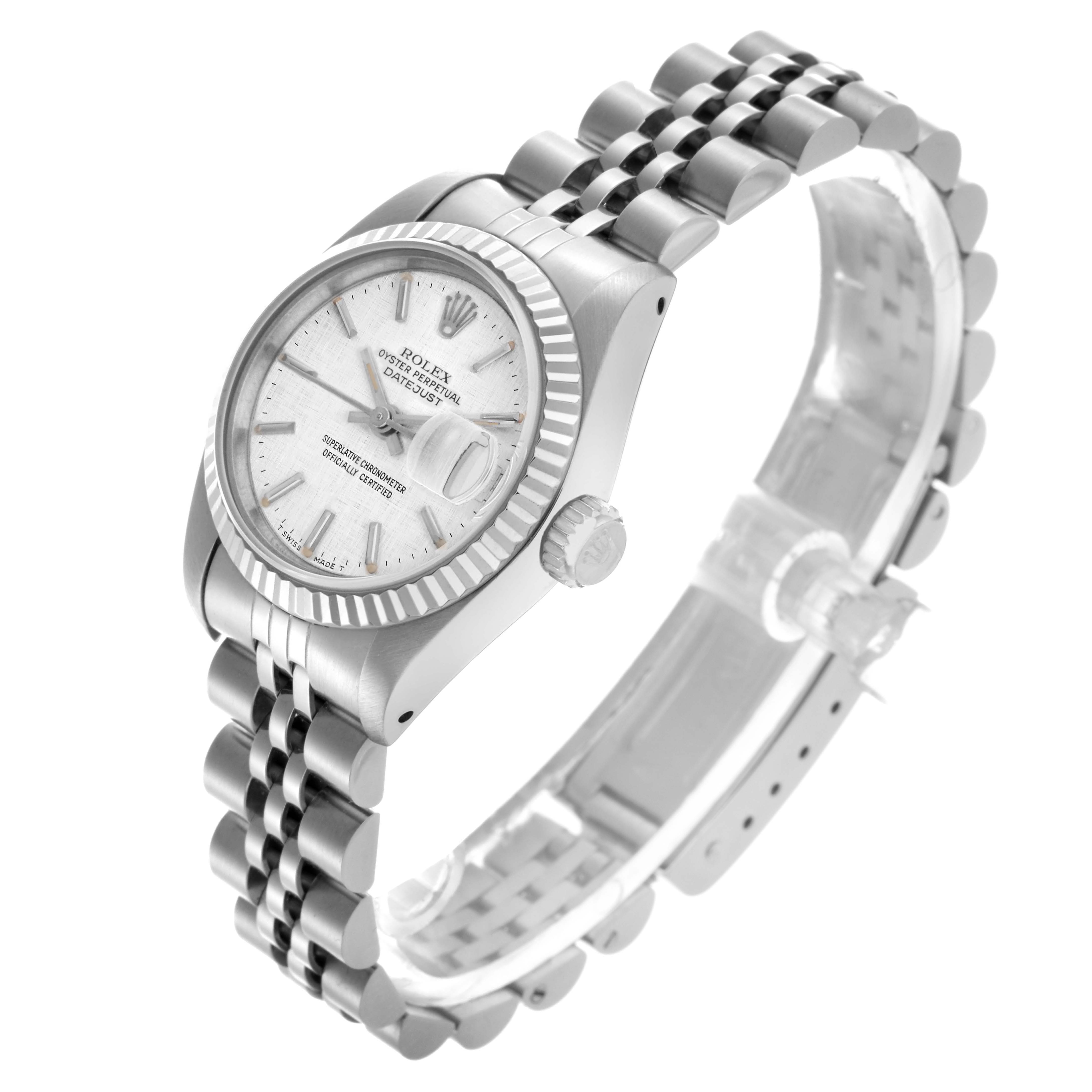 The Rolex Datejust 69174 Women
s Stainless Steel Silver Dial 69174 Women
s Stainless Steel Silver Dial watch is shown at a slight angle highlighting the bezel, dial, crown, and Jubilee bracelet.