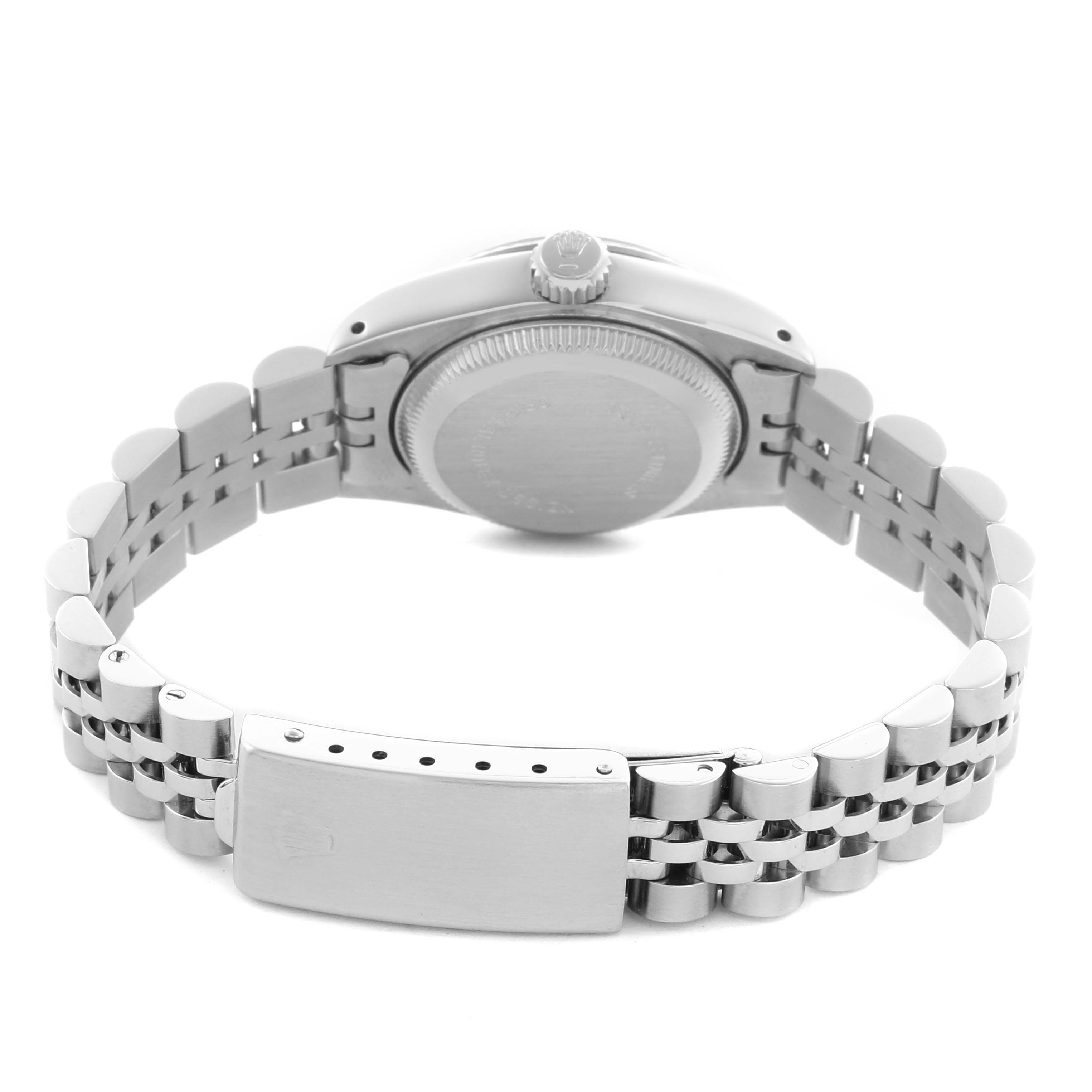 The image shows the back view of a Rolex Datejust 69174 Women
s Stainless Steel Silver Dial 69174 Women
s Stainless Steel Silver Dial, including the case back and metal bracelet.