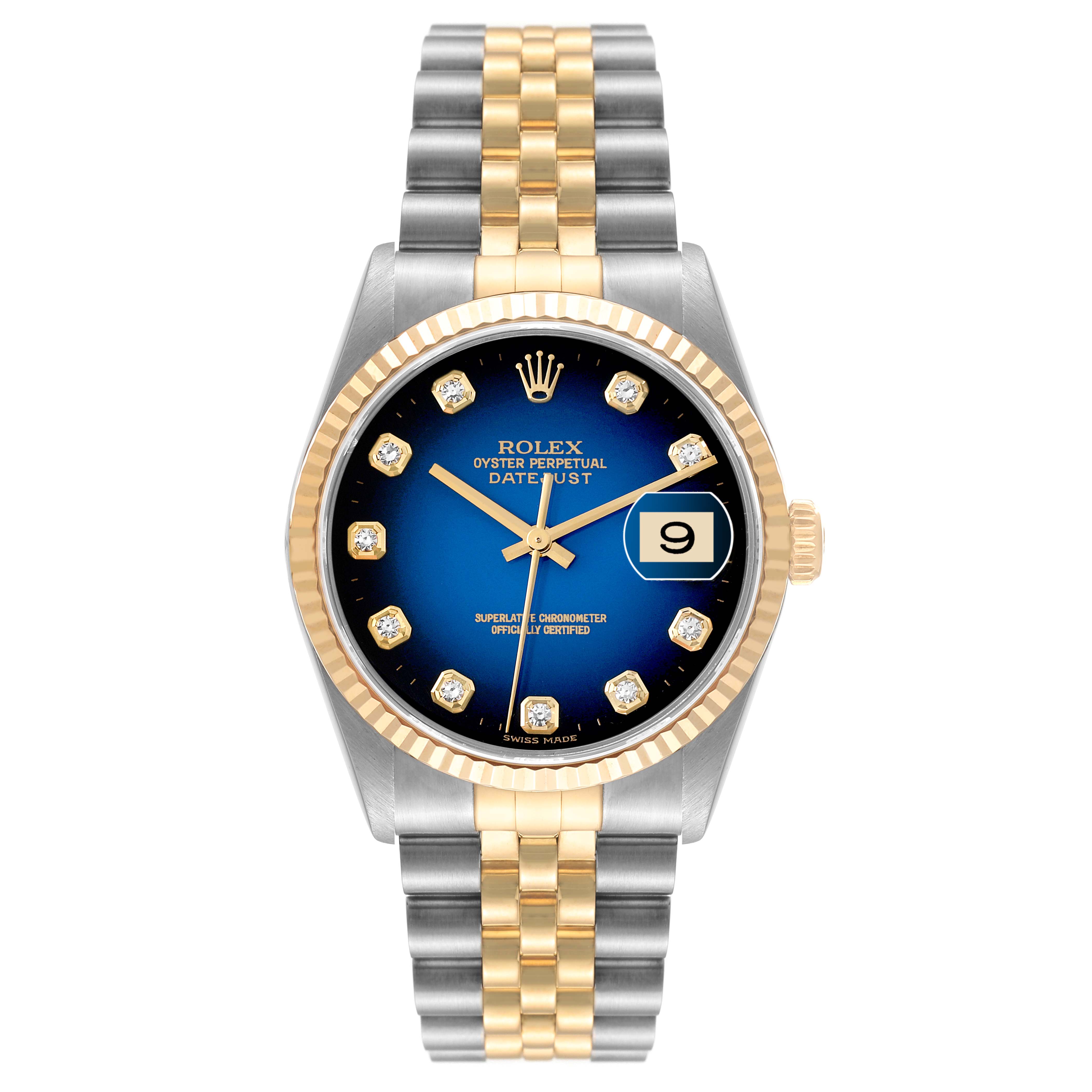 This image shows a front view of a Rolex Datejust 16233 Men's Steel and Gold (two tone) Blue Dial 16233 Men's Steel and Gold (two tone) Blue Dial watch with a blue dial, gold bezel, and two-tone bracelet.