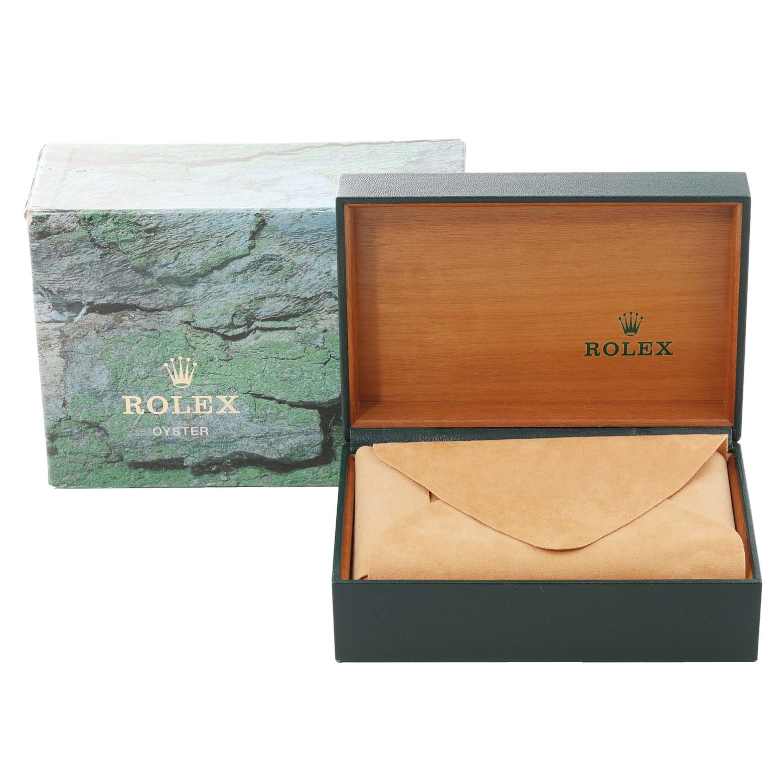 The image shows an open Rolex Datejust 16233 Men's Steel and Gold (two tone) Blue Dial 16233 Men's Steel and Gold (two tone) Blue Dial watch box and its packaging, featuring a suede pouch inside.