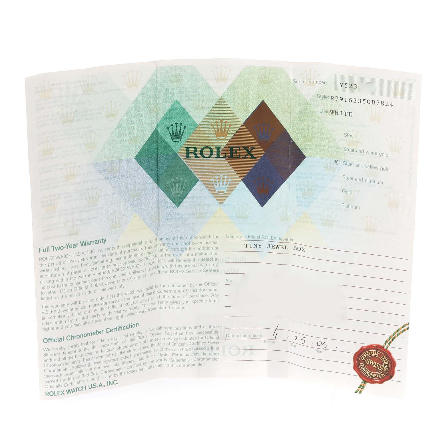 The image shows the warranty and official chronometer certification document for the Rolex Datejust 79163 Women's Steel and Gold (two tone) Champagne Dial 79163 Women's Steel and Gold (two tone) Champagne Dial model.