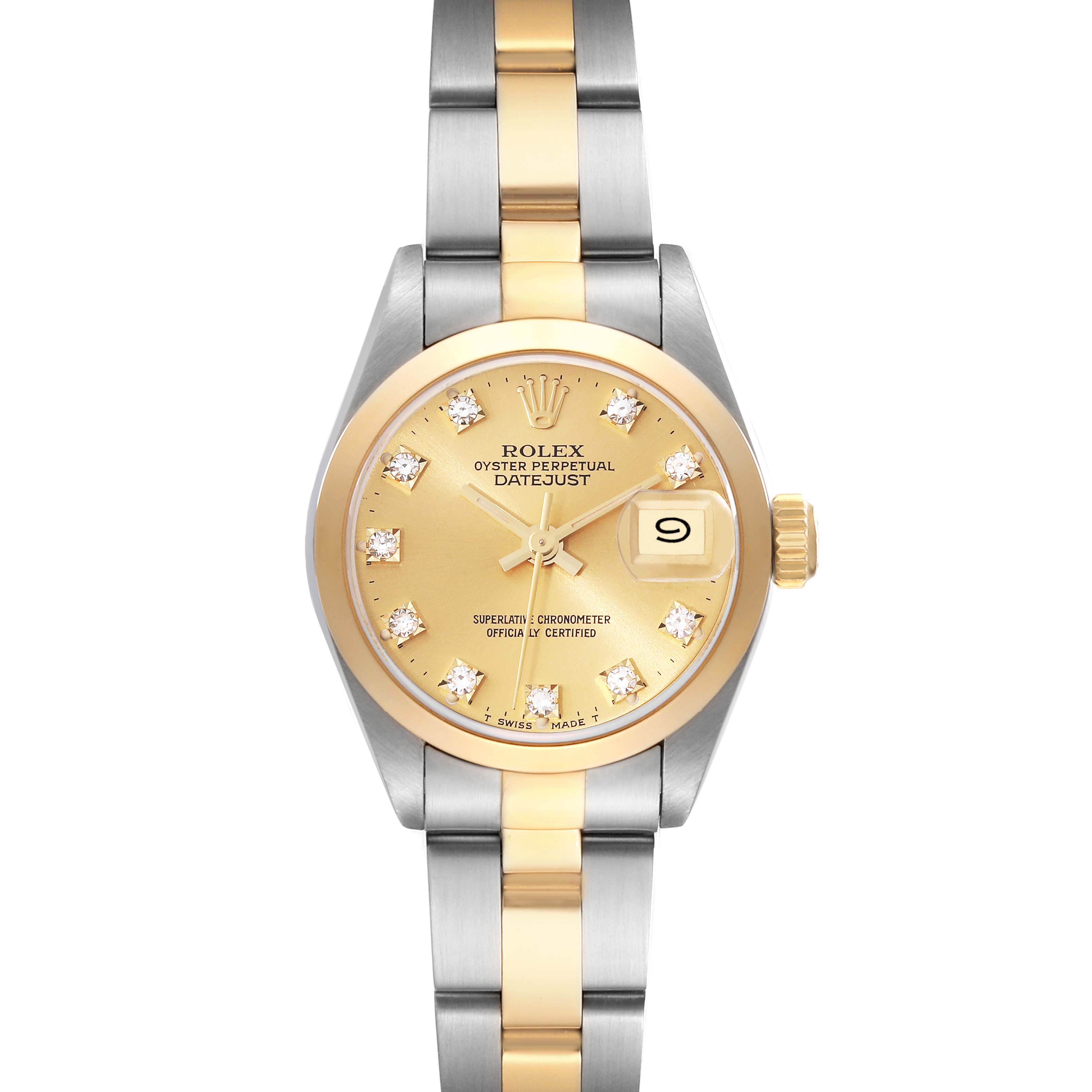 This image shows a front view of a Rolex Datejust 79163 Women's Steel and Gold (two tone) Champagne Dial 79163 Women's Steel and Gold (two tone) Champagne Dial watch, highlighting its gold and silver bracelet and diamond-accented gold dial.