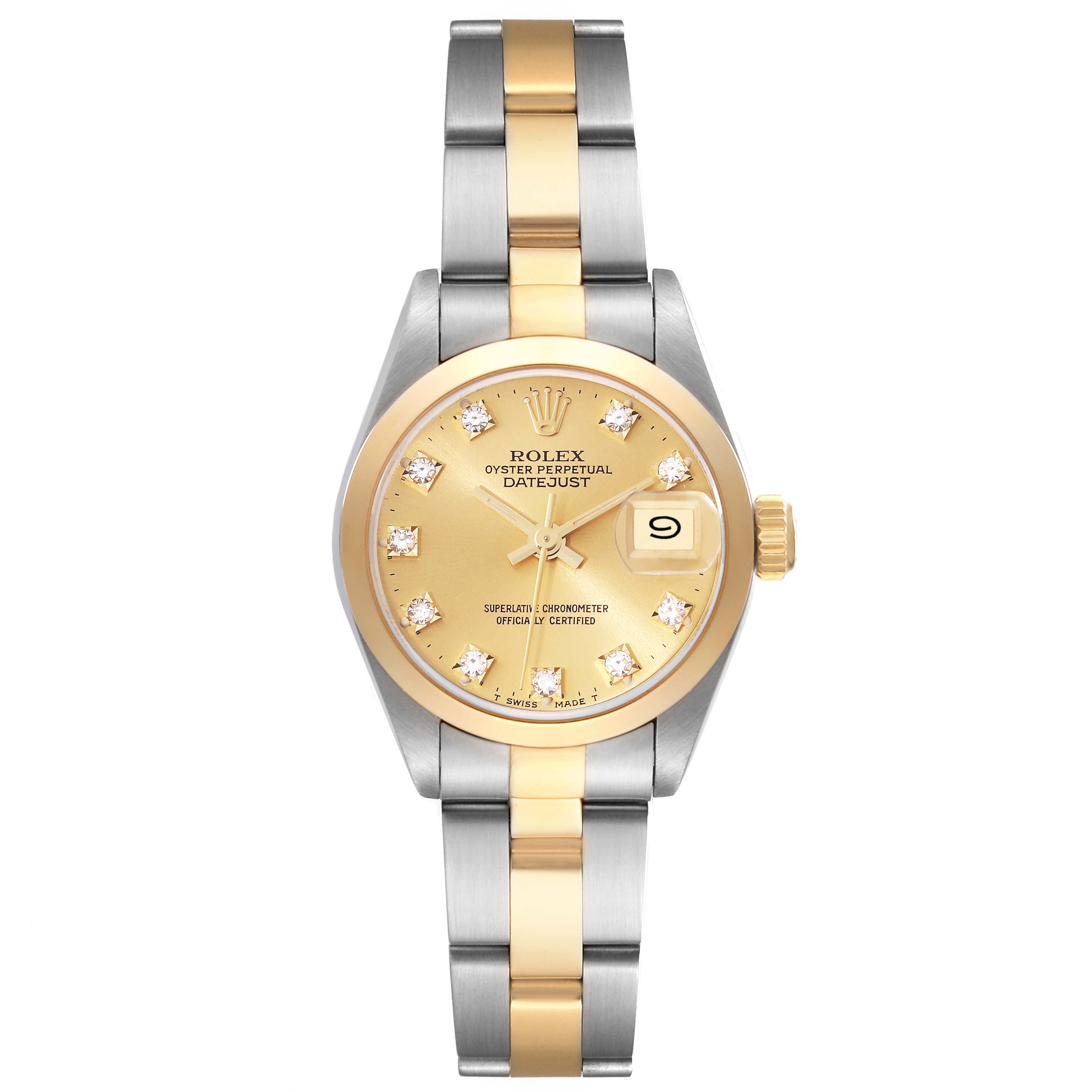 This Rolex Datejust 79163 Women's Steel and Gold (two tone) Champagne Dial 79163 Women's Steel and Gold (two tone) Champagne Dial watch is shown from a top-down angle, displaying its dial, bracelet, and clasp.