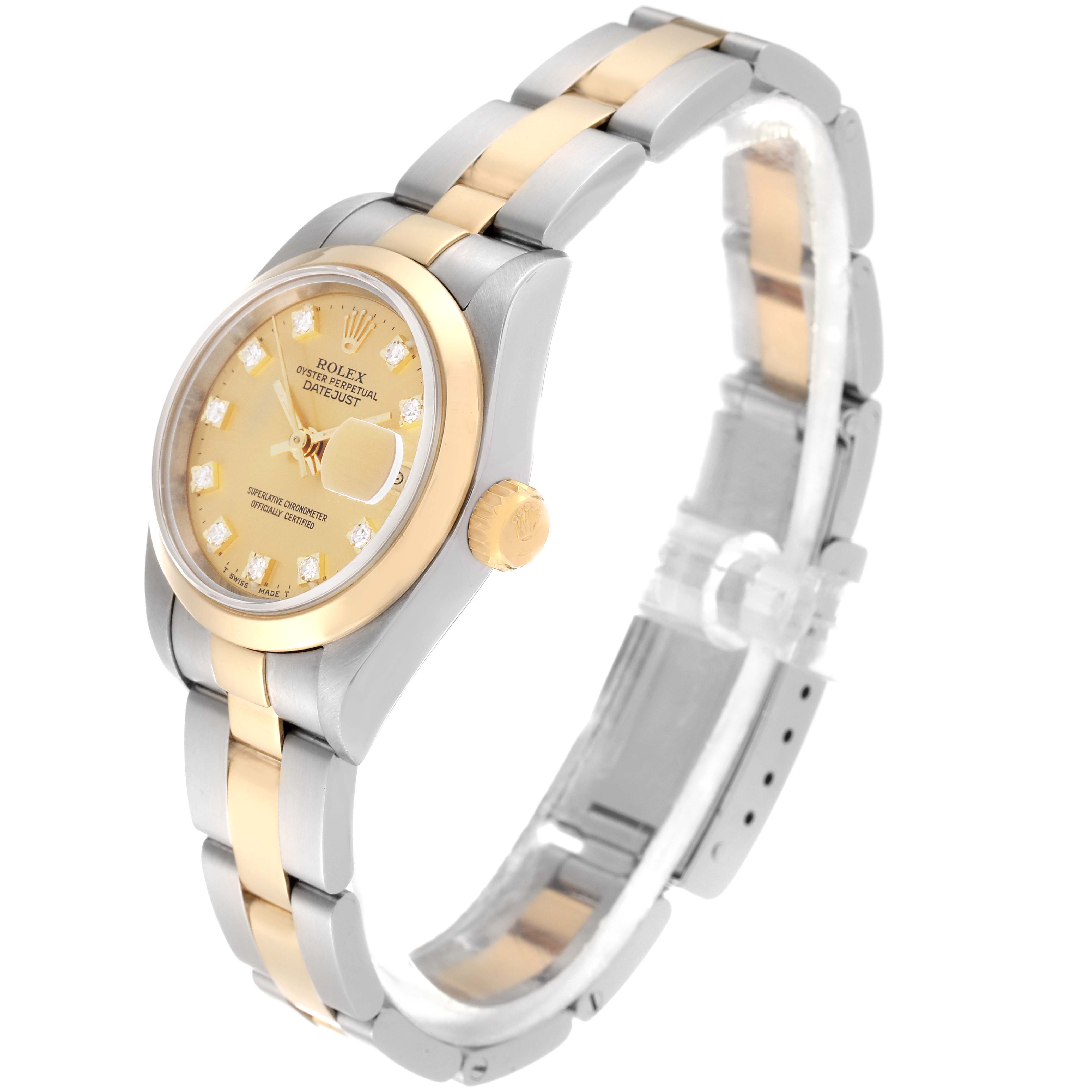 The image shows a Rolex Datejust 79163 Women's Steel and Gold (two tone) Champagne Dial 79163 Women's Steel and Gold (two tone) Champagne Dial watch at an angle, highlighting its gold and silver bracelet and diamond-accented dial.