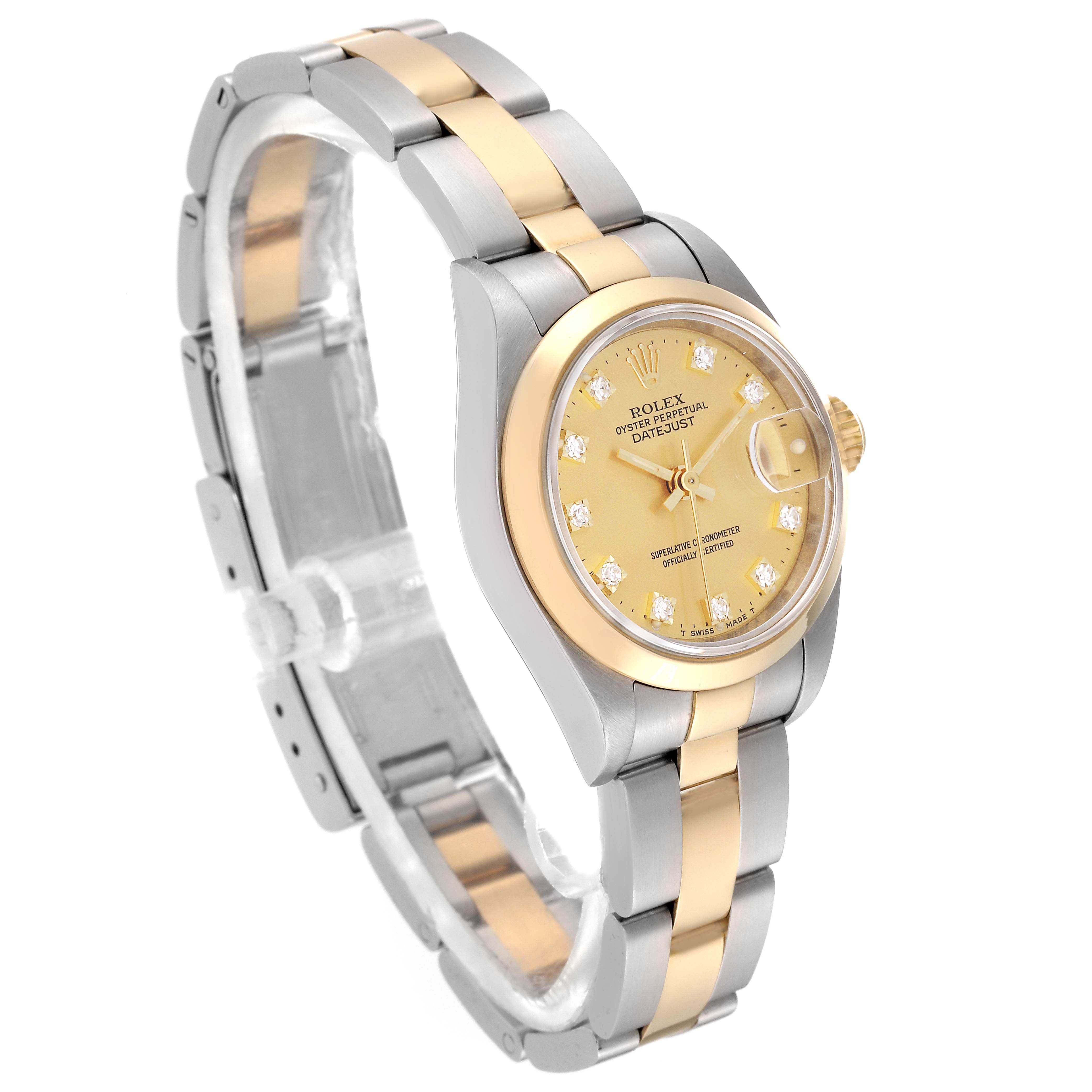 The Rolex Datejust 79163 Women's Steel and Gold (two tone) Champagne Dial 79163 Women's Steel and Gold (two tone) Champagne Dial watch is shown at an angled view, displaying the bracelet, dial, case, crown, and bezel.