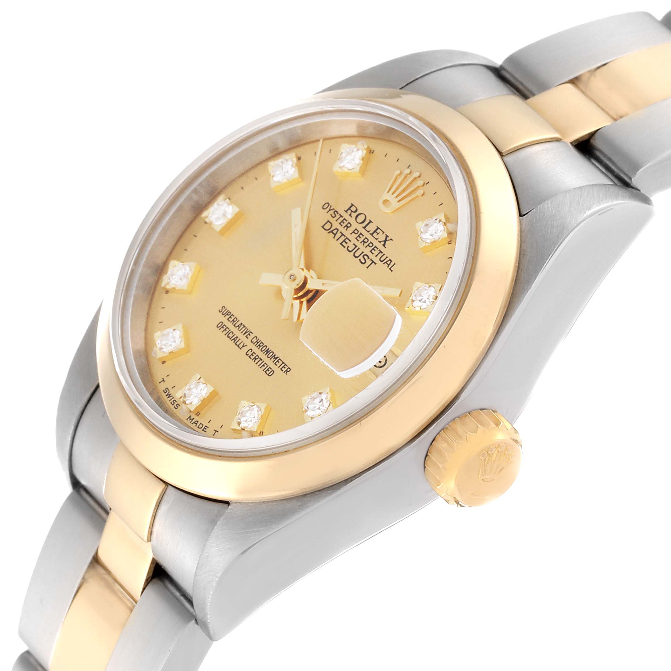 This image shows the Rolex Datejust 79163 Women's Steel and Gold (two tone) Champagne Dial 79163 Women's Steel and Gold (two tone) Champagne Dial watch from an angled front-side view, highlighting the dial, hands, and part of the bracelet.