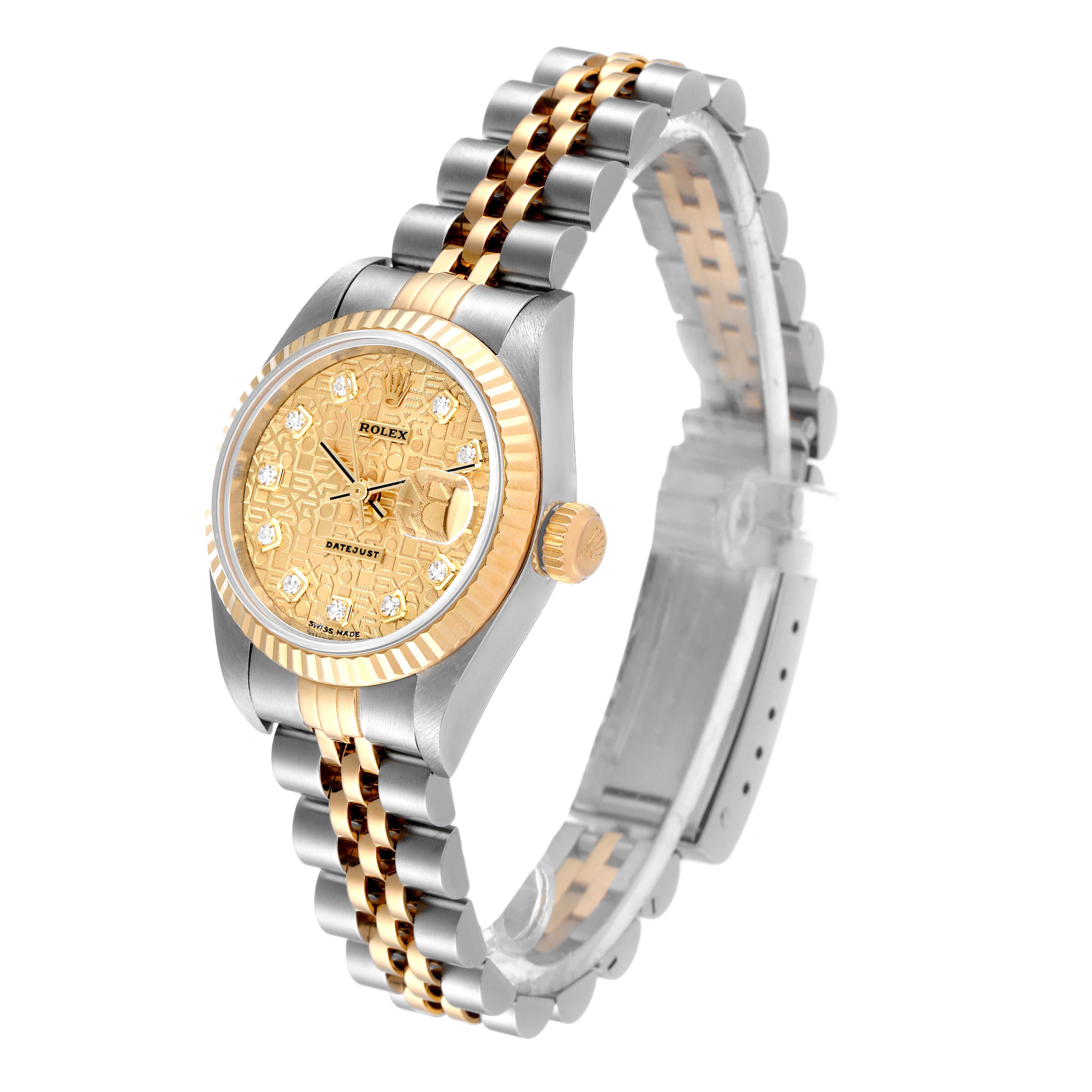 The image shows a Rolex Datejust 79173 Women
s Steel and Gold (two tone) Champagne Dial 79173 Women
s Steel and Gold (two tone) Champagne Dial watch from an angled side view, highlighting the dial, bezel, and bracelet.