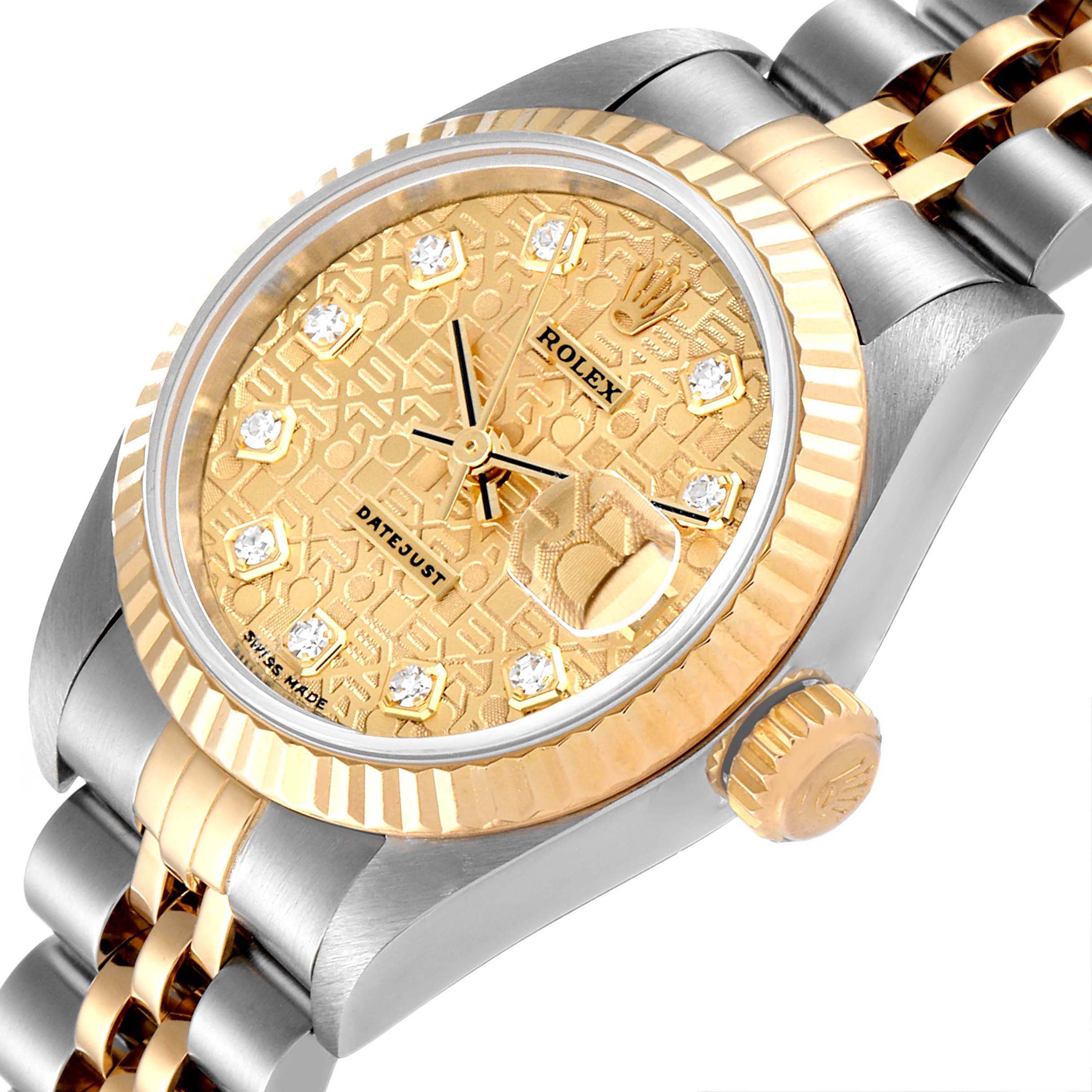 The image shows a close-up of the dial, bezel, and crown of a Rolex Datejust 79173 Women
s Steel and Gold (two tone) Champagne Dial 79173 Women
s Steel and Gold (two tone) Champagne Dial watch at an angled perspective.