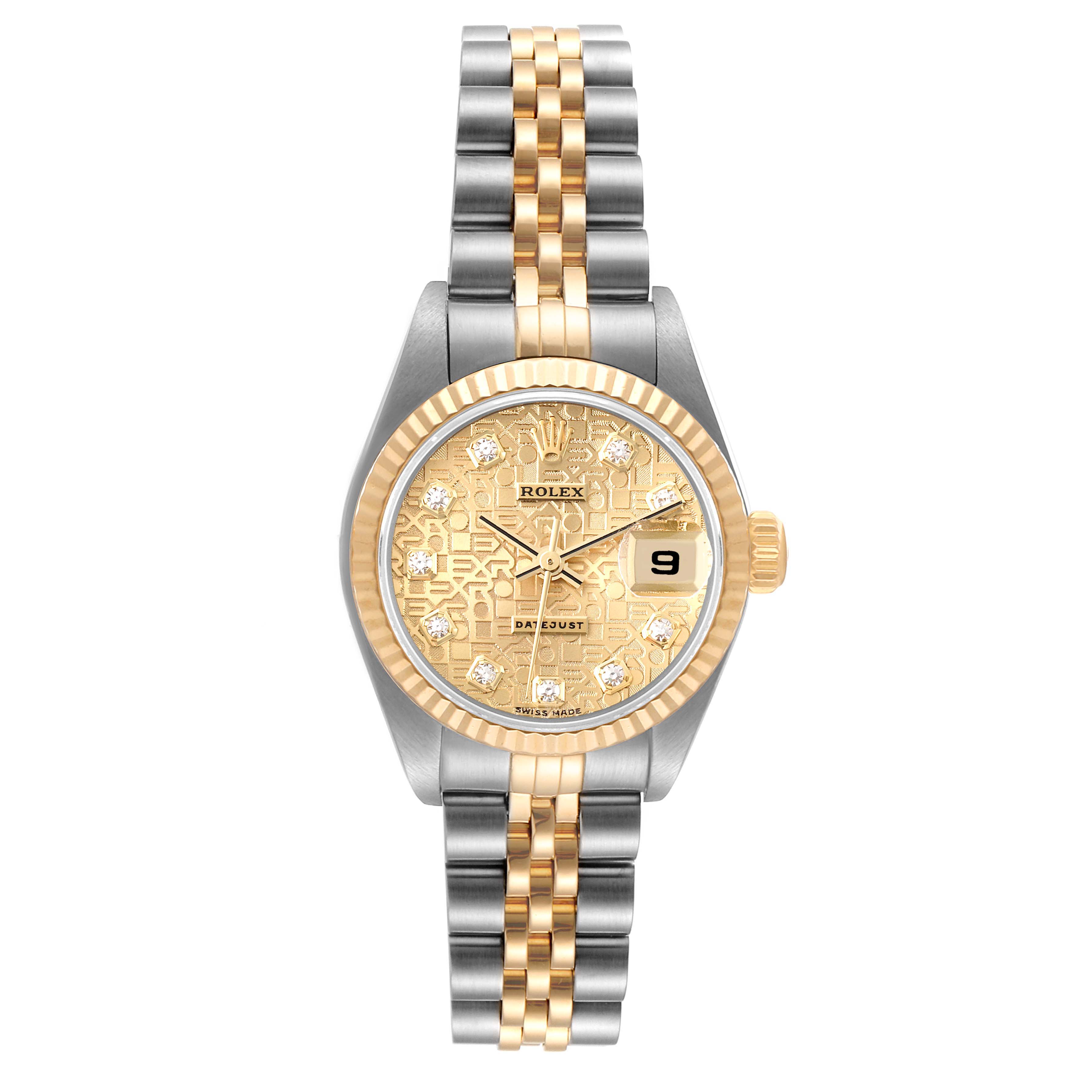 This image shows a Rolex Datejust 79173 Women
s Steel and Gold (two tone) Champagne Dial 79173 Women
s Steel and Gold (two tone) Champagne Dial watch from a top-down angle, highlighting its gold and silver bracelet and detailed face.