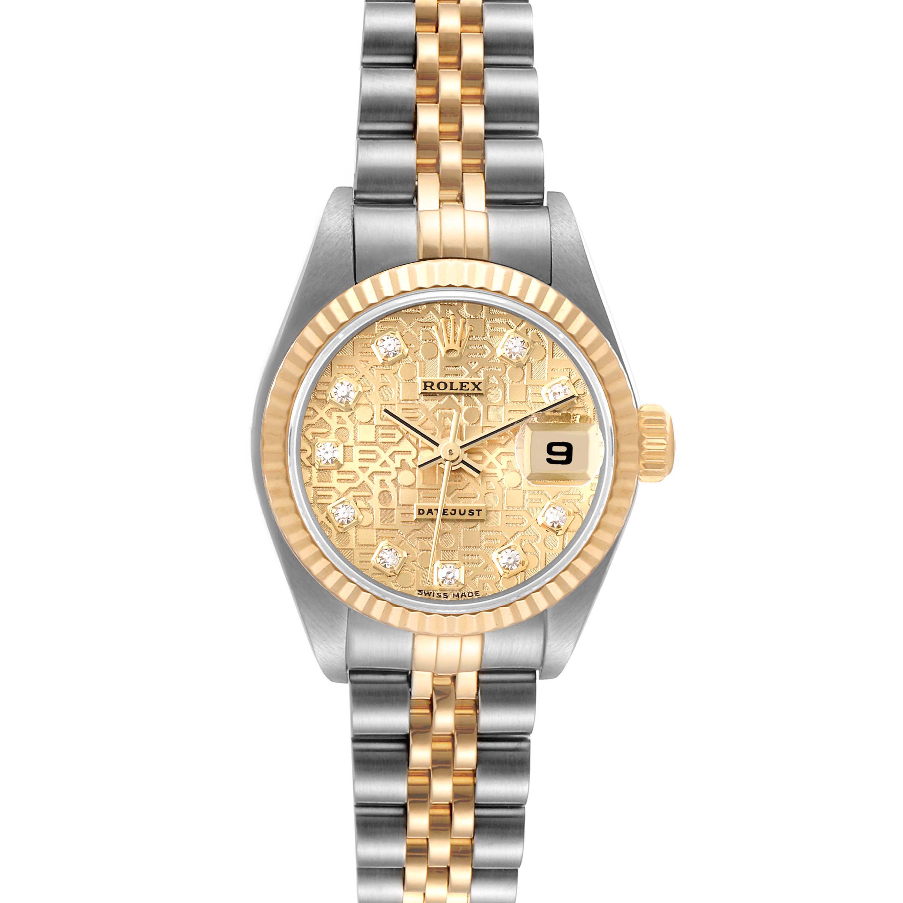 The image shows a front view of a Rolex Datejust 79173 Women
s Steel and Gold (two tone) Champagne Dial 79173 Women
s Steel and Gold (two tone) Champagne Dial watch, featuring a two-tone bracelet, gold fluted bezel, and a diamond-studded dial.