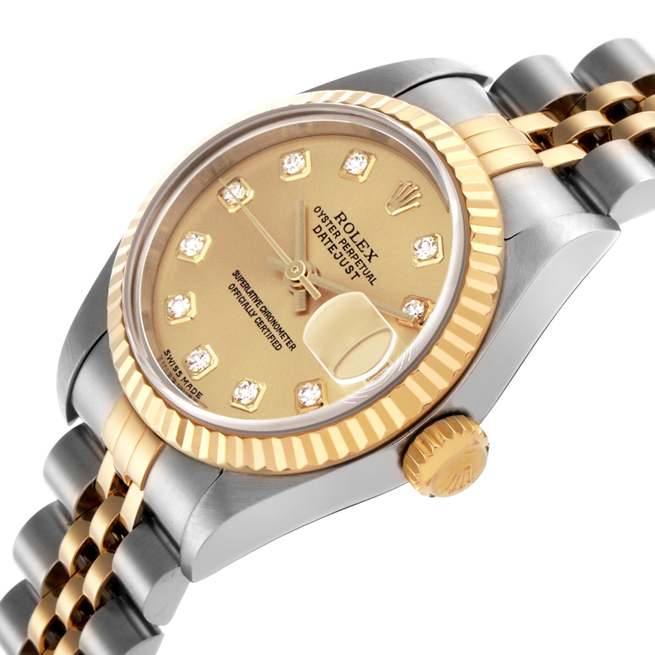 The Rolex Datejust 79173 Women
s Steel and Gold (two tone) Champagne Dial 79173 Women
s Steel and Gold (two tone) Champagne Dial watch is shown at a tilted angle, highlighting the dial, bezel, crown, and part of the bracelet.