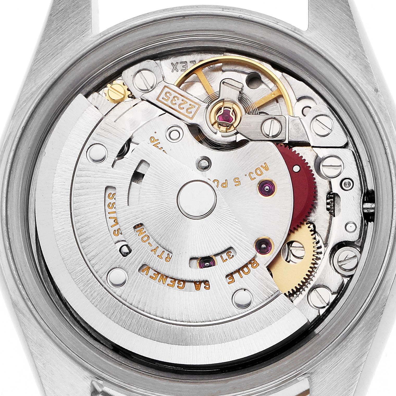 The image shows the movement from the back of a Rolex Datejust 79173 Women
s Steel and Gold (two tone) Champagne Dial 79173 Women
s Steel and Gold (two tone) Champagne Dial, highlighting its intricate gears and rotor.