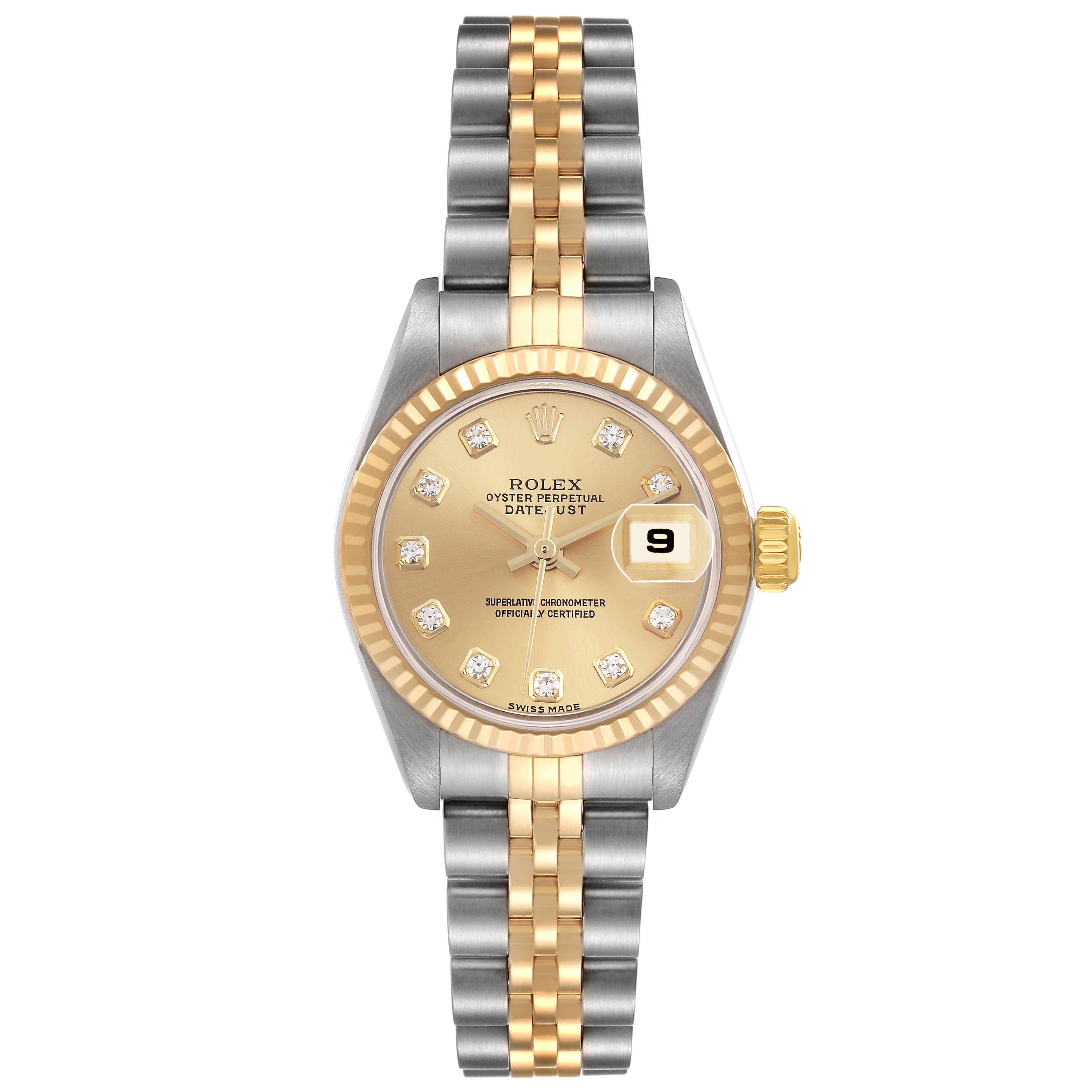 The Rolex Datejust 79173 Women
s Steel and Gold (two tone) Champagne Dial 79173 Women
s Steel and Gold (two tone) Champagne Dial is shown from a top-down angle, displaying the dial, bezel, and two-tone bracelet.