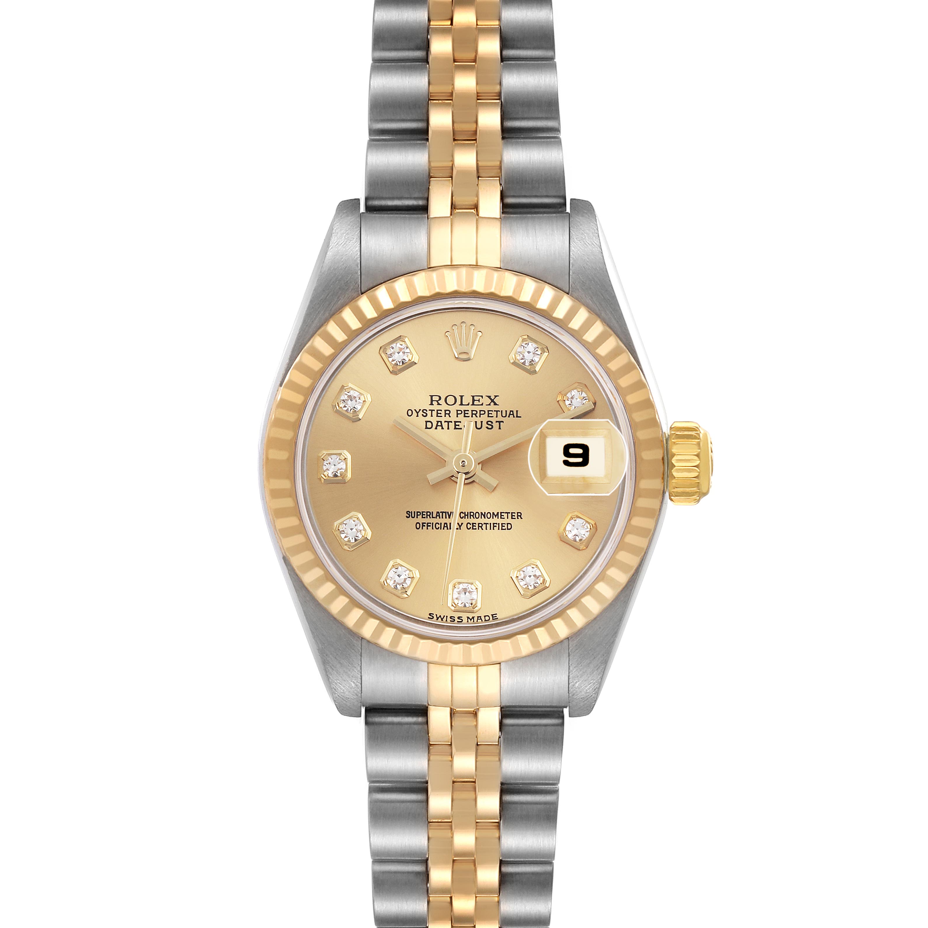 The Rolex Datejust 79173 Women
s Steel and Gold (two tone) Champagne Dial 79173 Women
s Steel and Gold (two tone) Champagne Dial watch is shown from the front, highlighting its gold dial, fluted bezel, and Jubilee bracelet.
