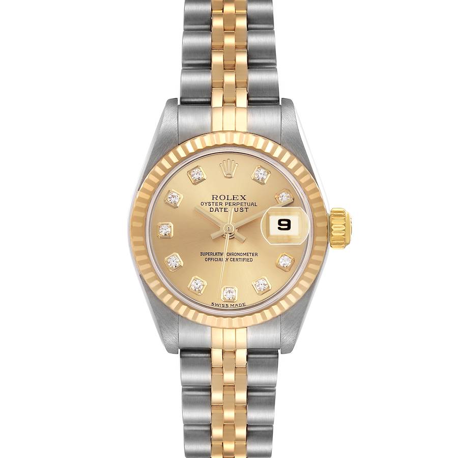 The Rolex Datejust watch is shown from the front, highlighting its gold dial, fluted bezel, and Jubilee bracelet.