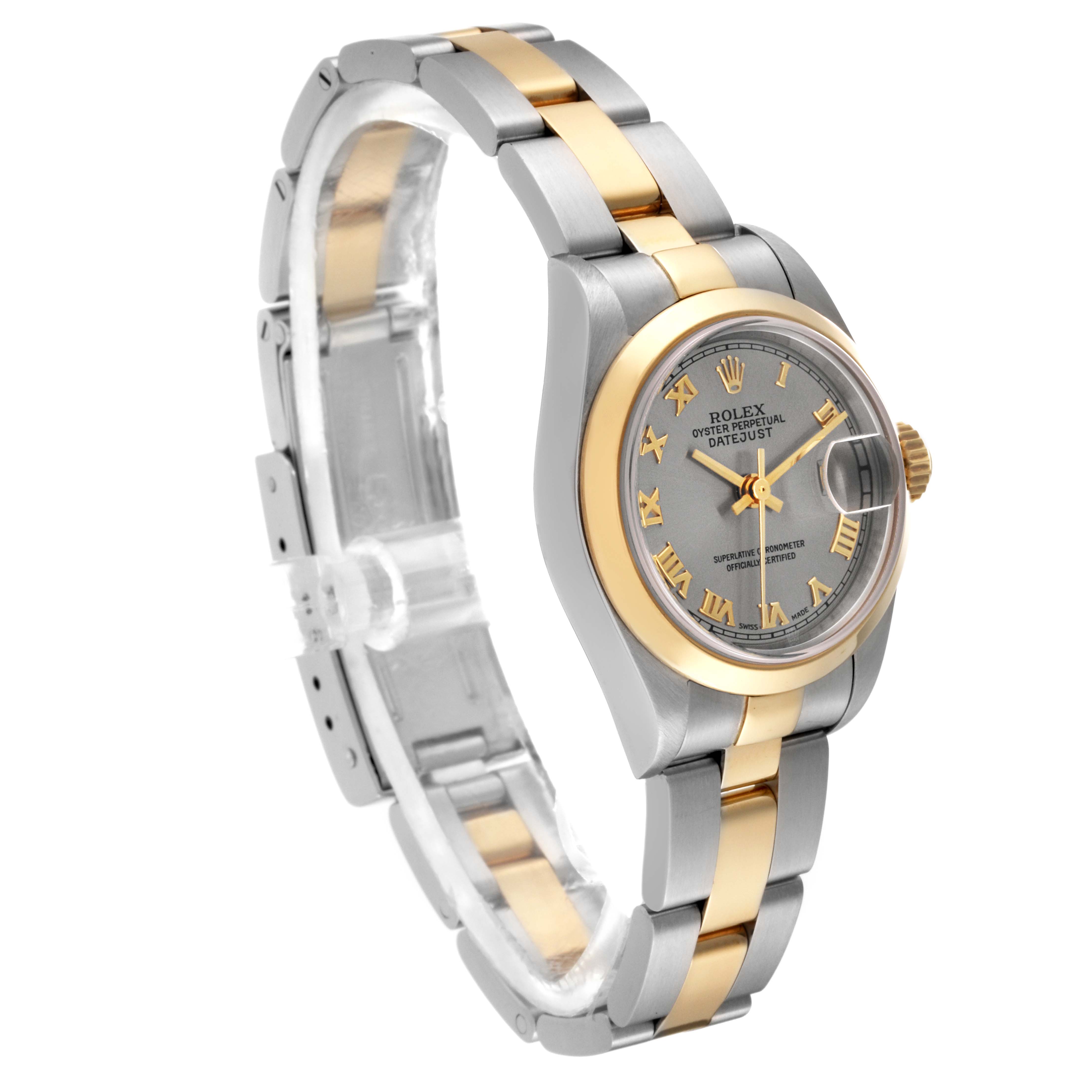 The Rolex Datejust 79163 Women's Steel and Gold (two tone) Grey Dial 79163 Women's Steel and Gold (two tone) Grey Dial model is shown at a slight angle, highlighting the gray dial, two-tone bracelet, and the case.