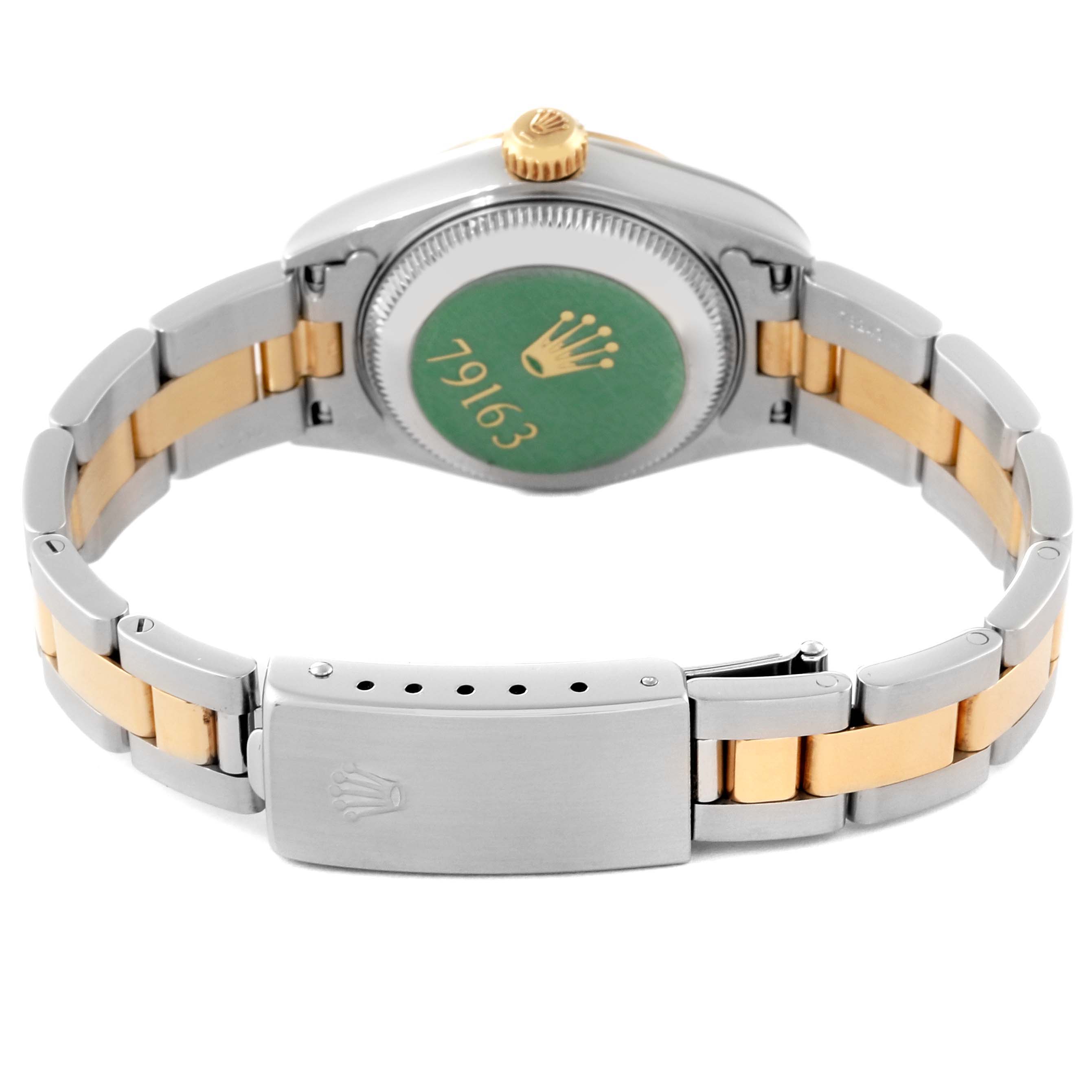 This image shows the back side of a Rolex Datejust 79163 Women's Steel and Gold (two tone) Grey Dial 79163 Women's Steel and Gold (two tone) Grey Dial watch, highlighting the case back, crown, and two-tone bracelet clasp.