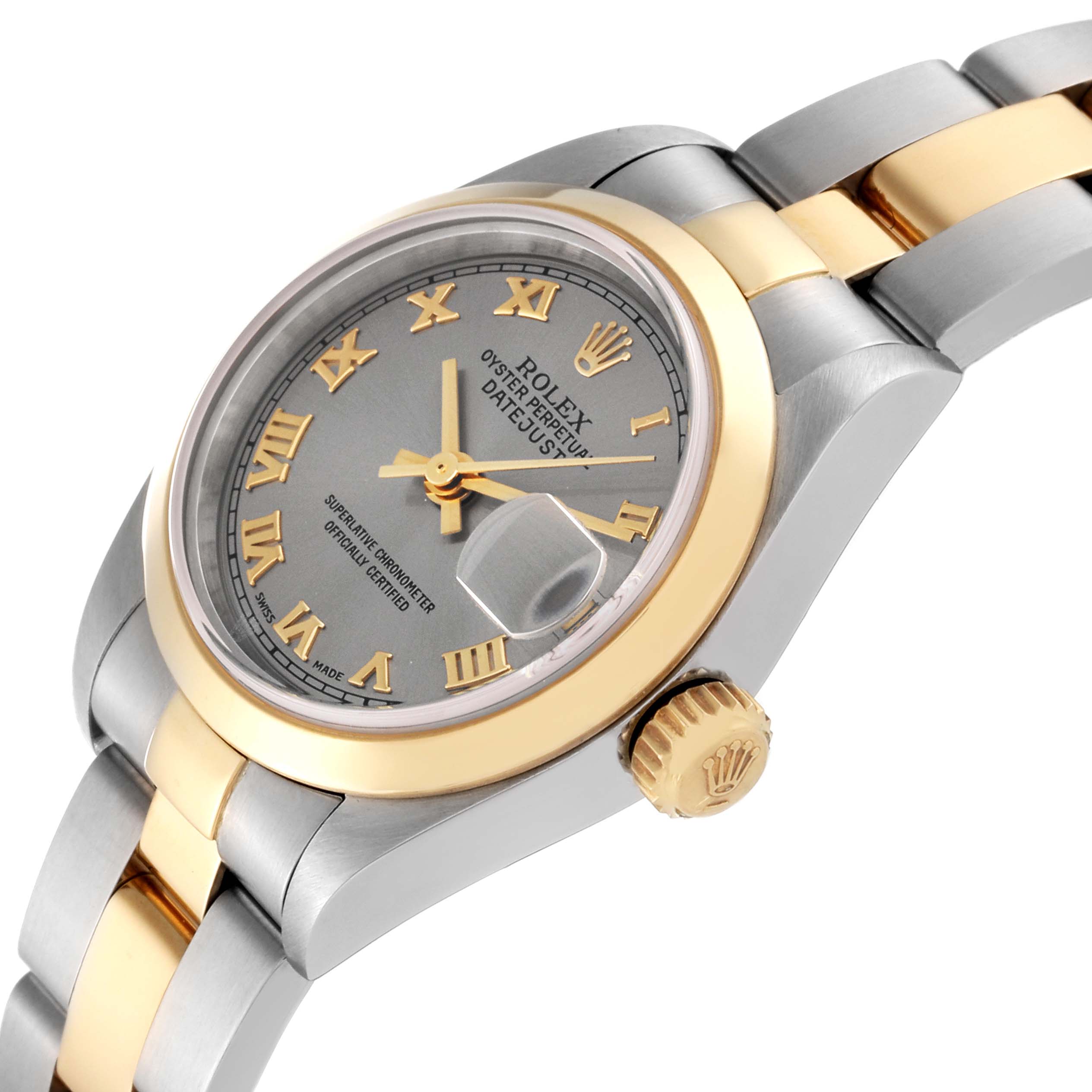 The image shows a close-up side angle of a Rolex Datejust 79163 Women's Steel and Gold (two tone) Grey Dial 79163 Women's Steel and Gold (two tone) Grey Dial watch with a gold bezel, crown, and two-tone bracelet.