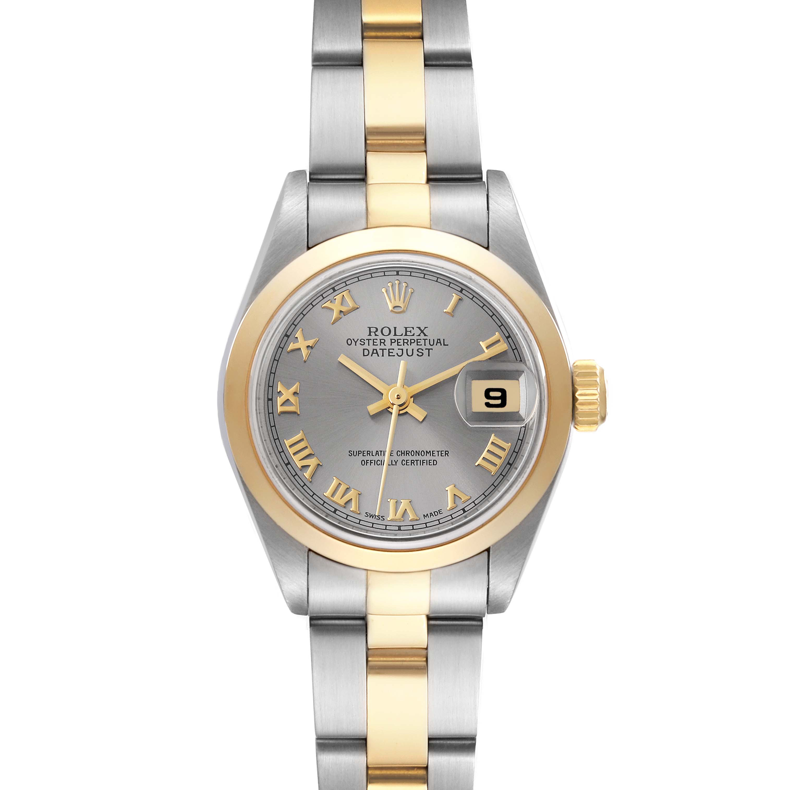 The image shows a frontal view of a Rolex Datejust 79163 Women's Steel and Gold (two tone) Grey Dial 79163 Women's Steel and Gold (two tone) Grey Dial watch, displaying the dial, hands, date window, and bracelet.