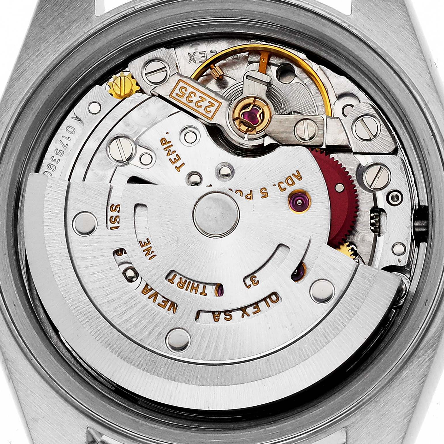 The image shows a close-up of the movement inside a Rolex Datejust 79163 Women's Steel and Gold (two tone) Grey Dial 79163 Women's Steel and Gold (two tone) Grey Dial watch from the back, showcasing its intricate mechanical parts.